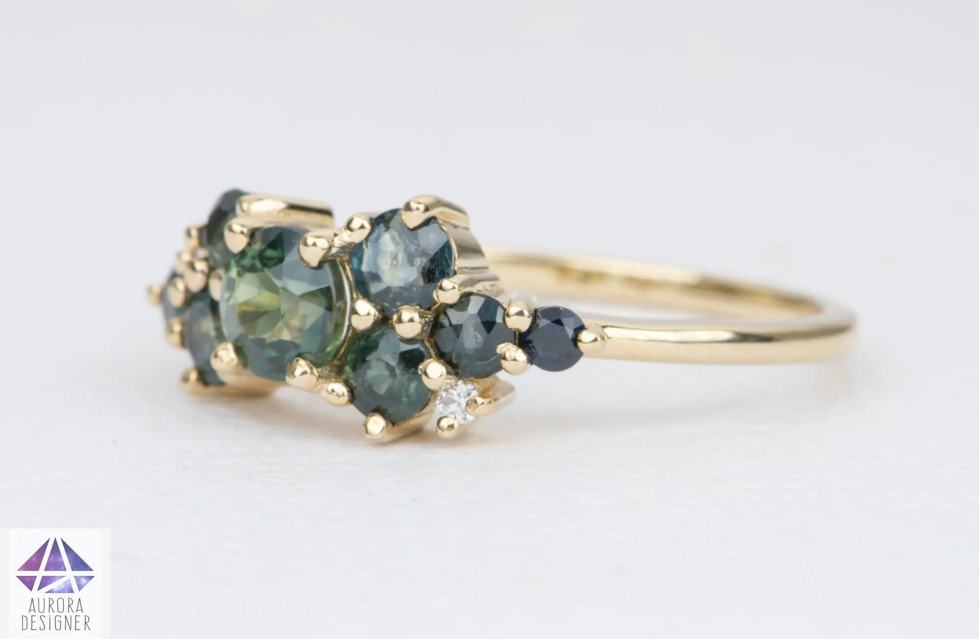 1.5ctw Teal Blue Sapphire and Diamond Cluster Ring 14K Gold AD1805