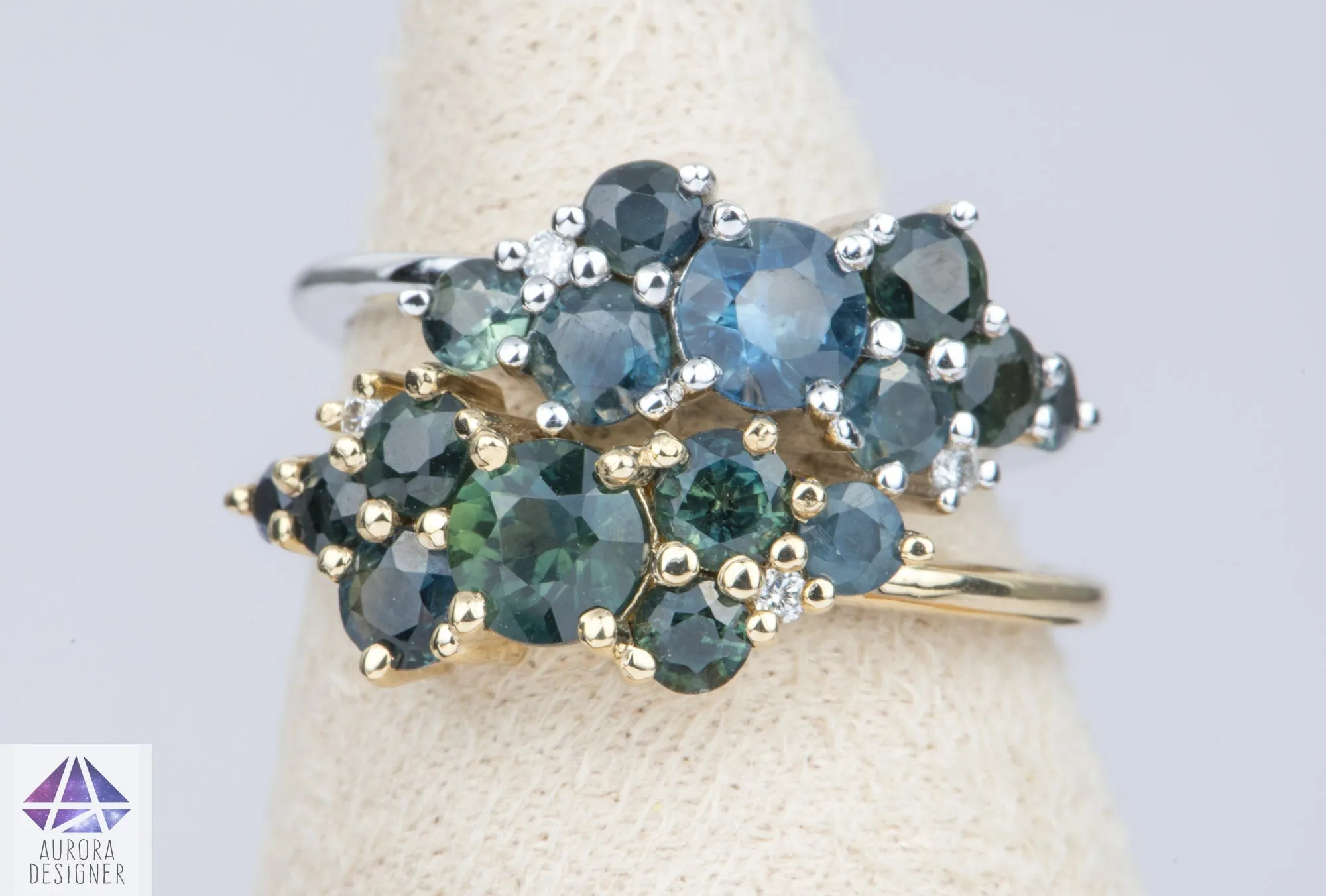 1.5ctw Teal Blue Sapphire and Diamond Cluster Ring 14K Gold AD1805