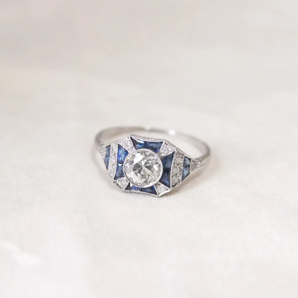 Art Deco 0.80 Carat Old European Cut Diamond and Sapphire Ring