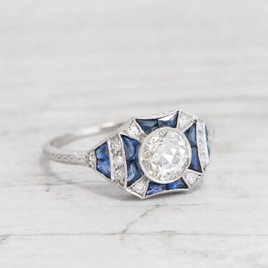 Art Deco 0.80 Carat Old European Cut Diamond and Sapphire Ring