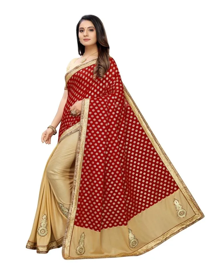 Beige Coloured Lycra Embroidered Partywear saree