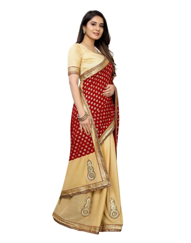 Beige Coloured Lycra Embroidered Partywear saree