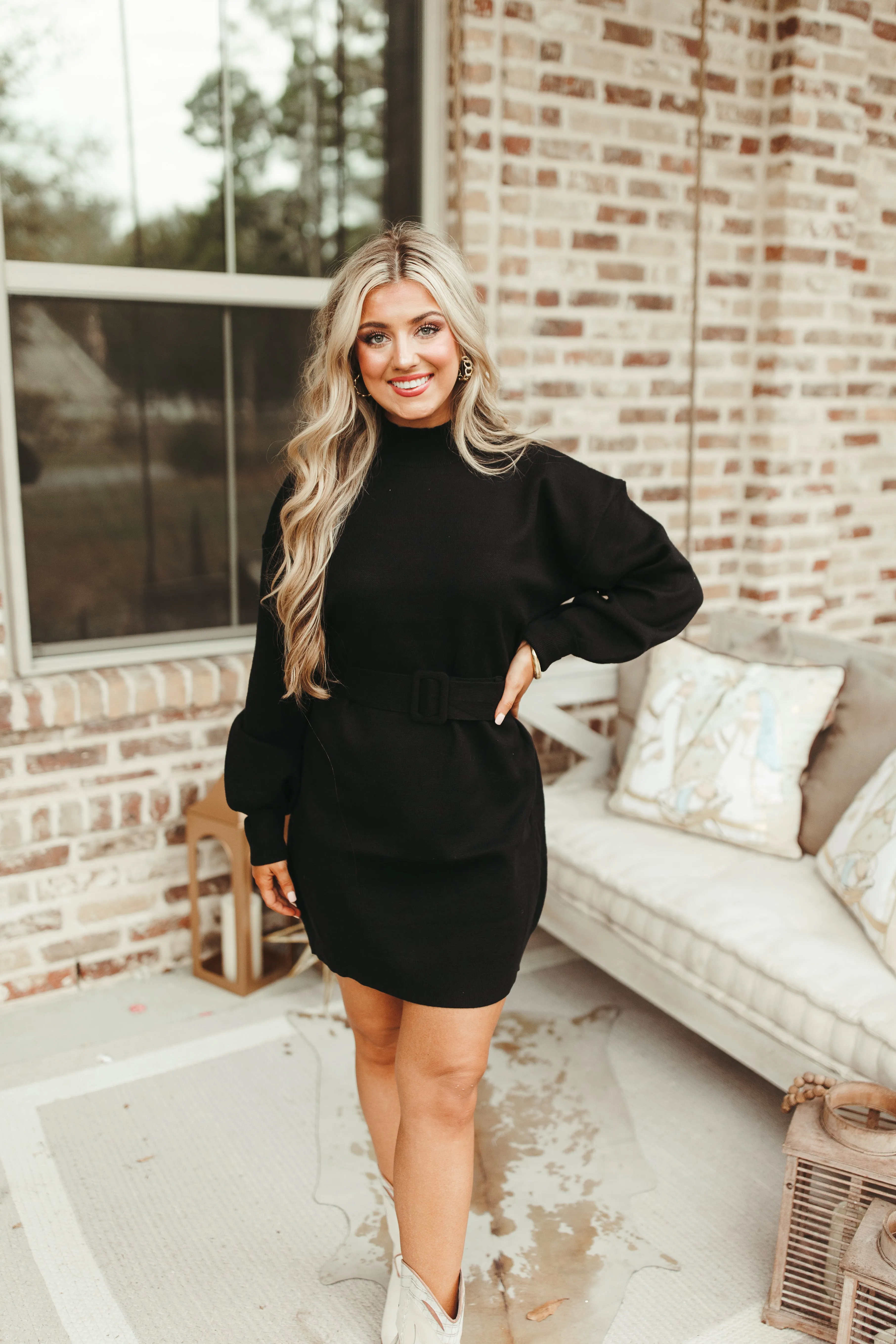 Black Mock Neck Belted Sweater Dress