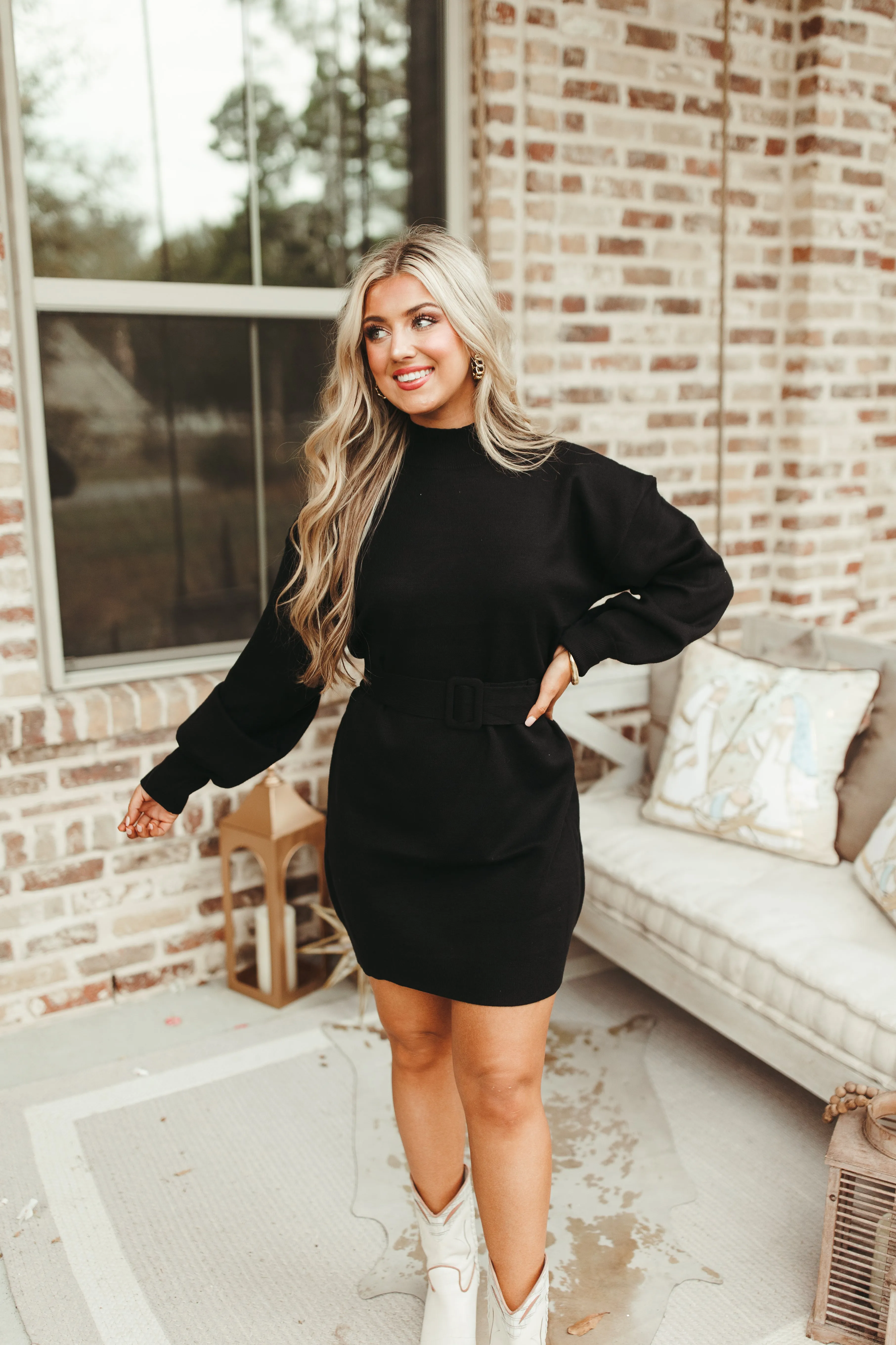 Black Mock Neck Belted Sweater Dress