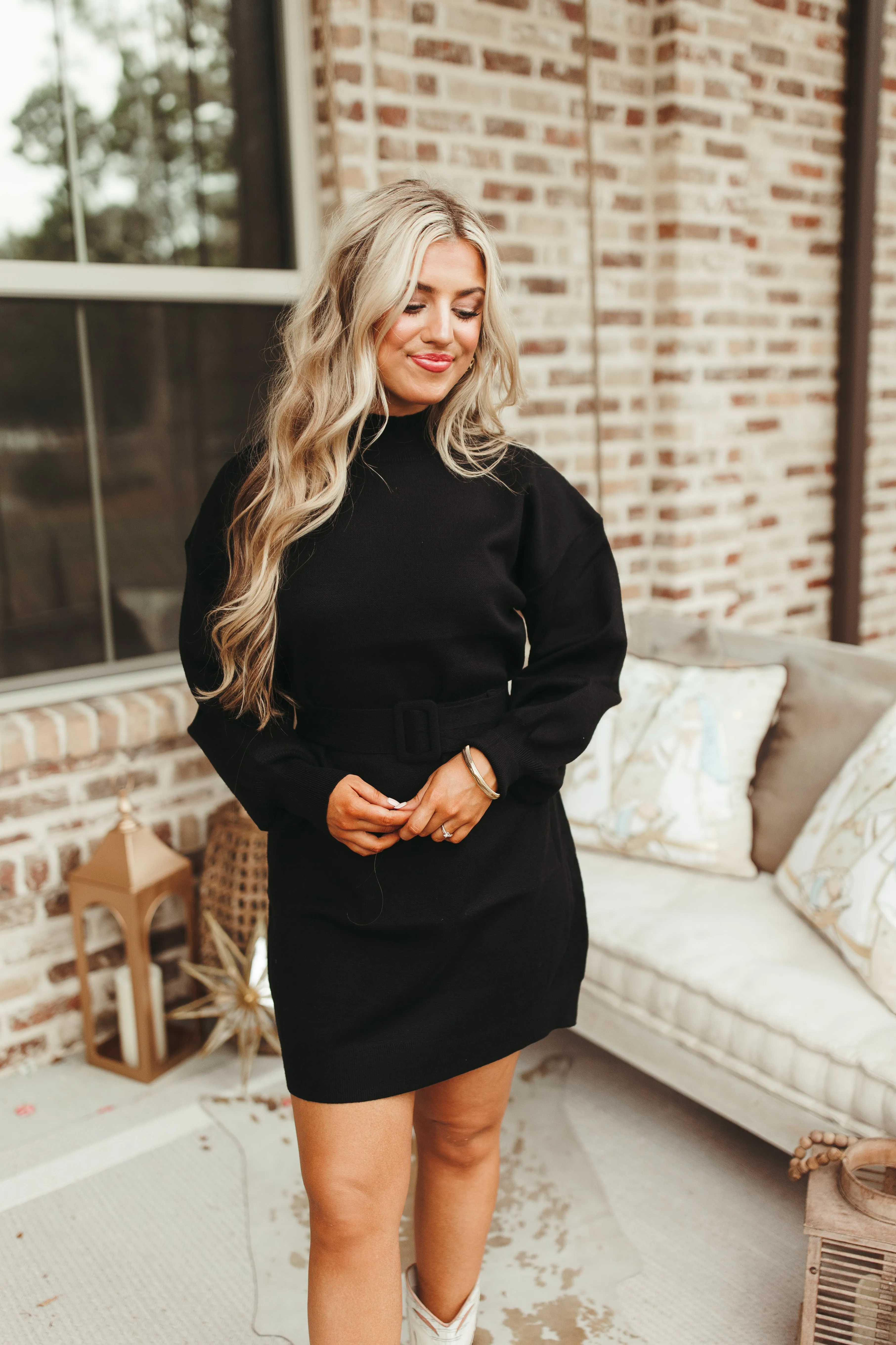 Black Mock Neck Belted Sweater Dress