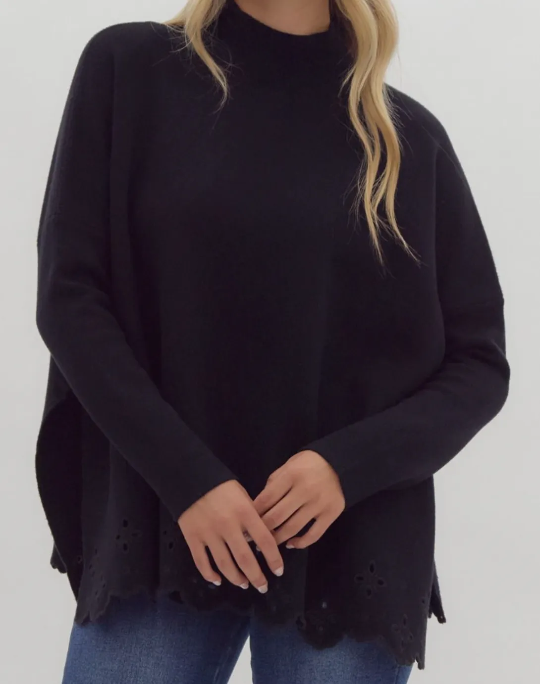 Black Mock Neck Embroidered Detail Sweater