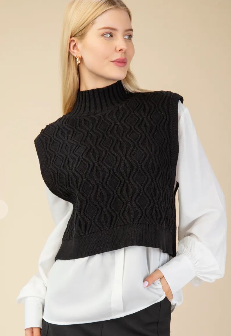 Black Mock Neck Sweater Layered Button Down Top