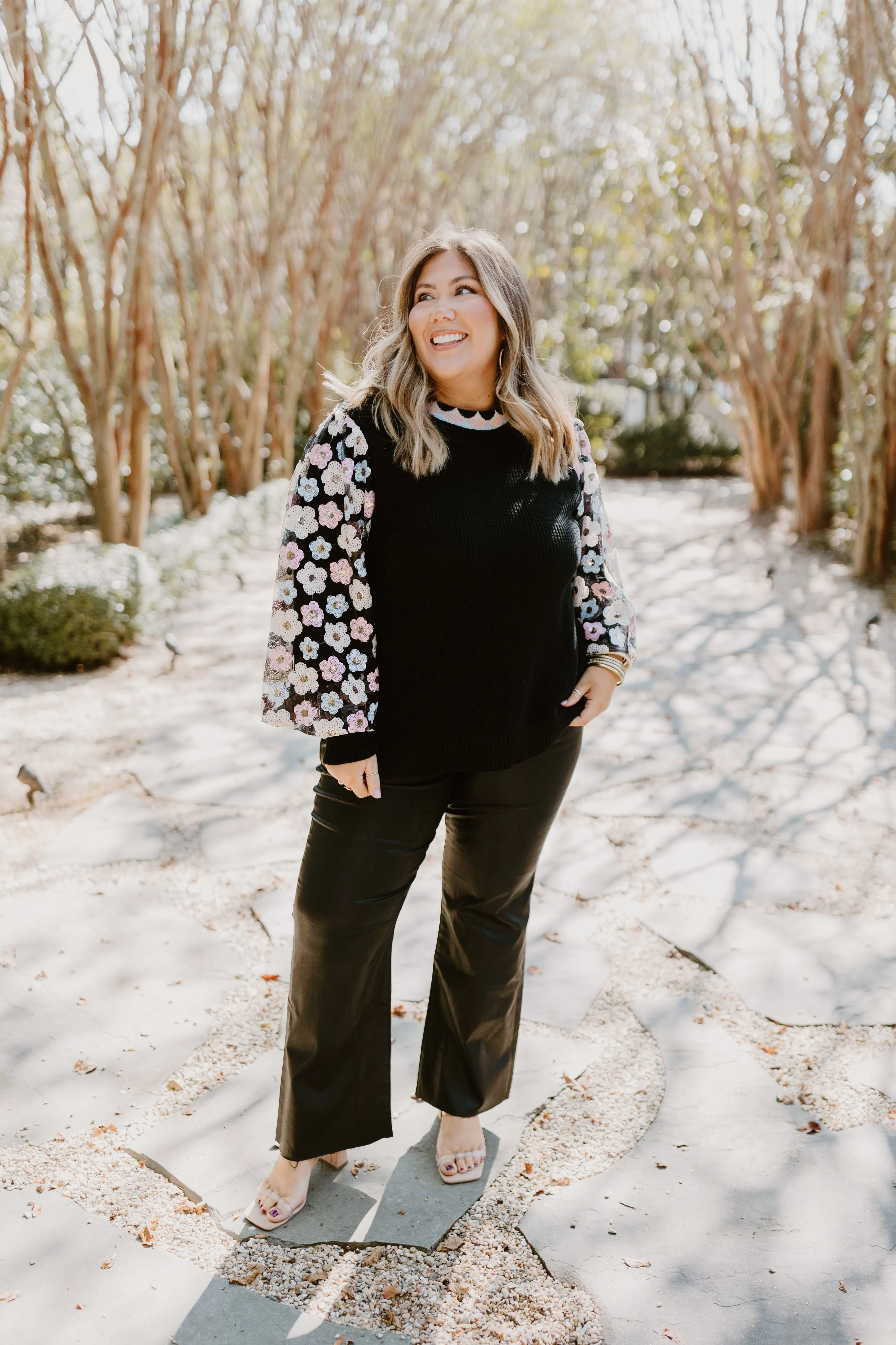 Black Multi Floral Embroidered Sequin Sleeve Sweater