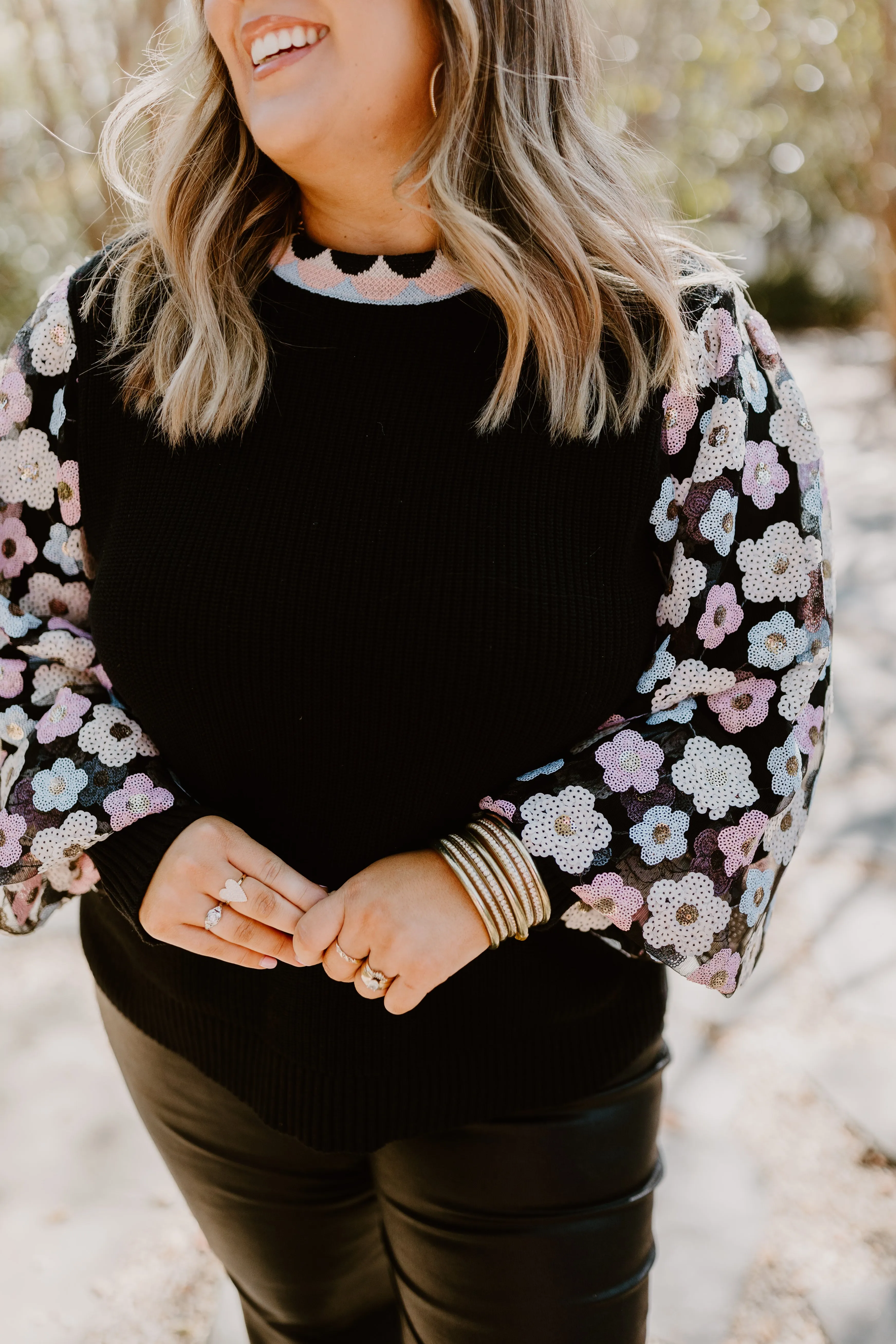 Black Multi Floral Embroidered Sequin Sleeve Sweater