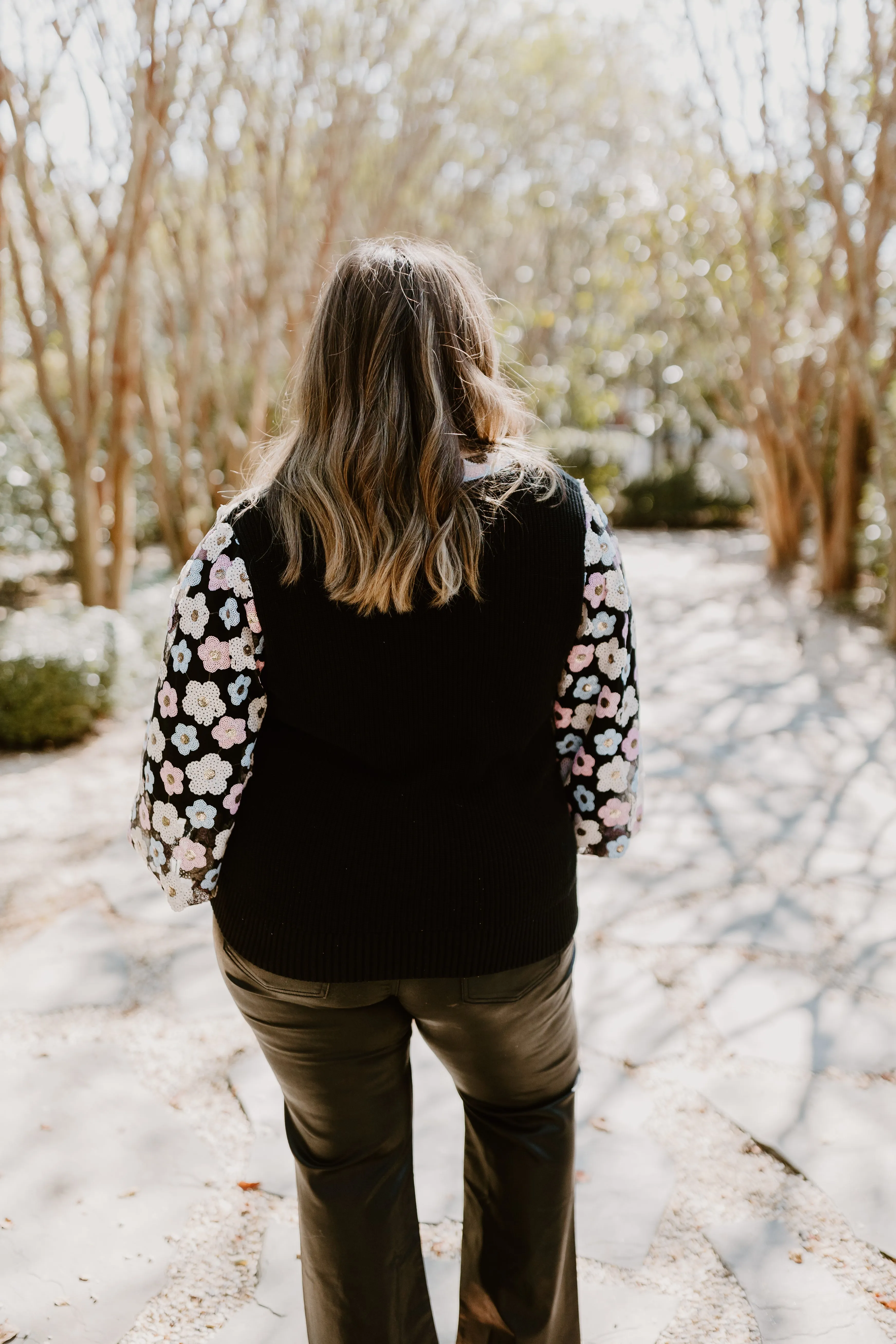 Black Multi Floral Embroidered Sequin Sleeve Sweater