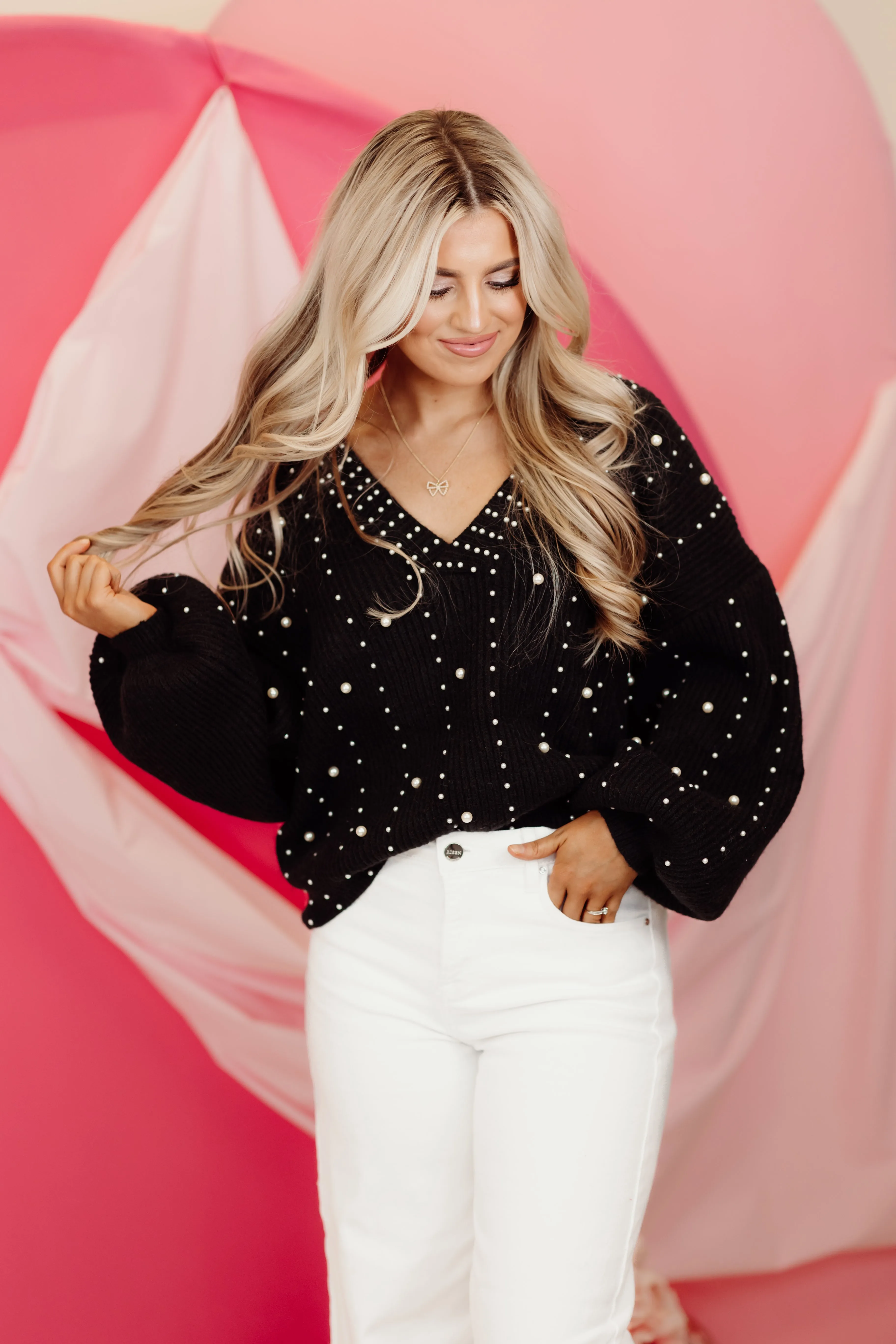 Black V-Neck Long Sleeve Pearl Trim Sweater