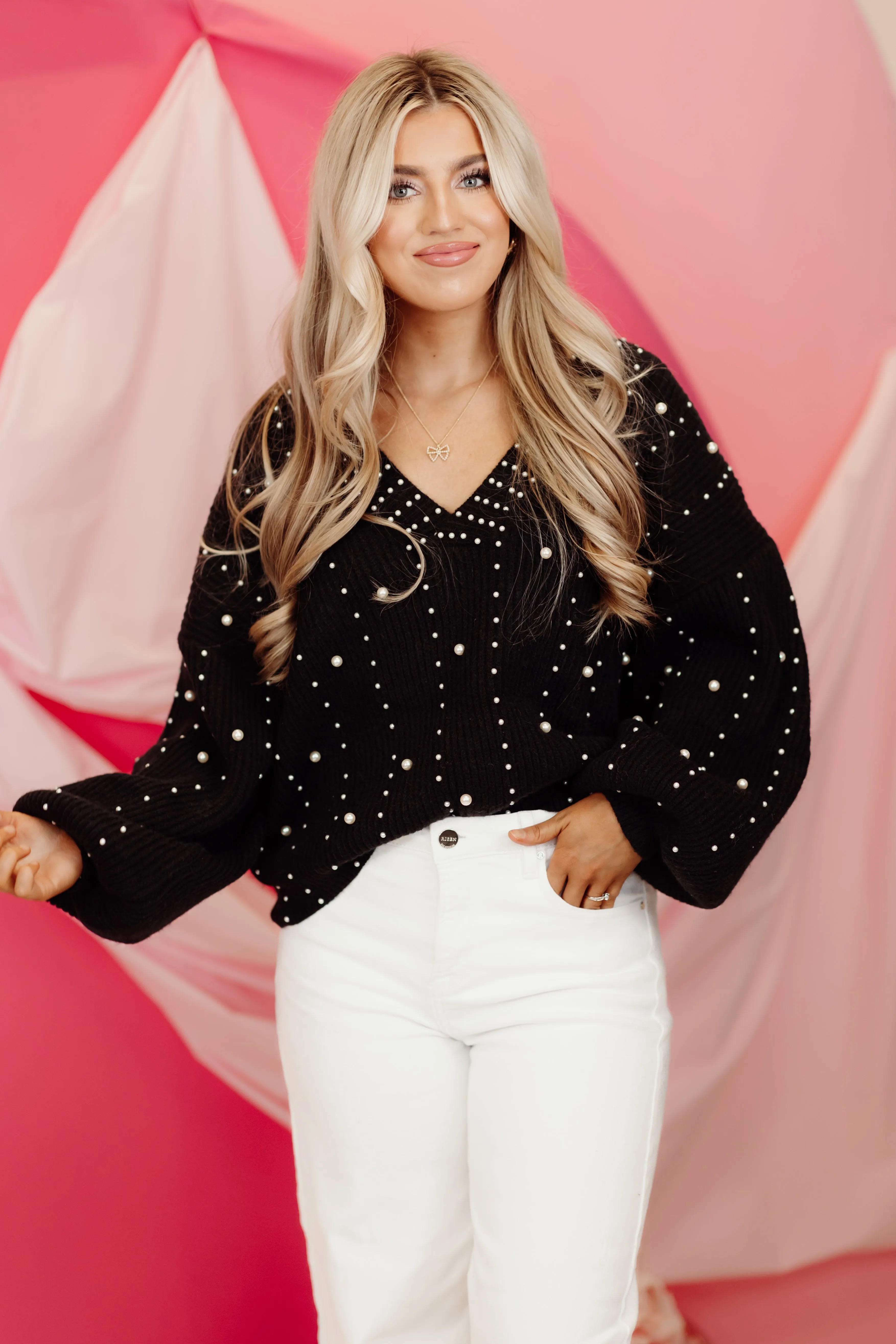 Black V-Neck Long Sleeve Pearl Trim Sweater