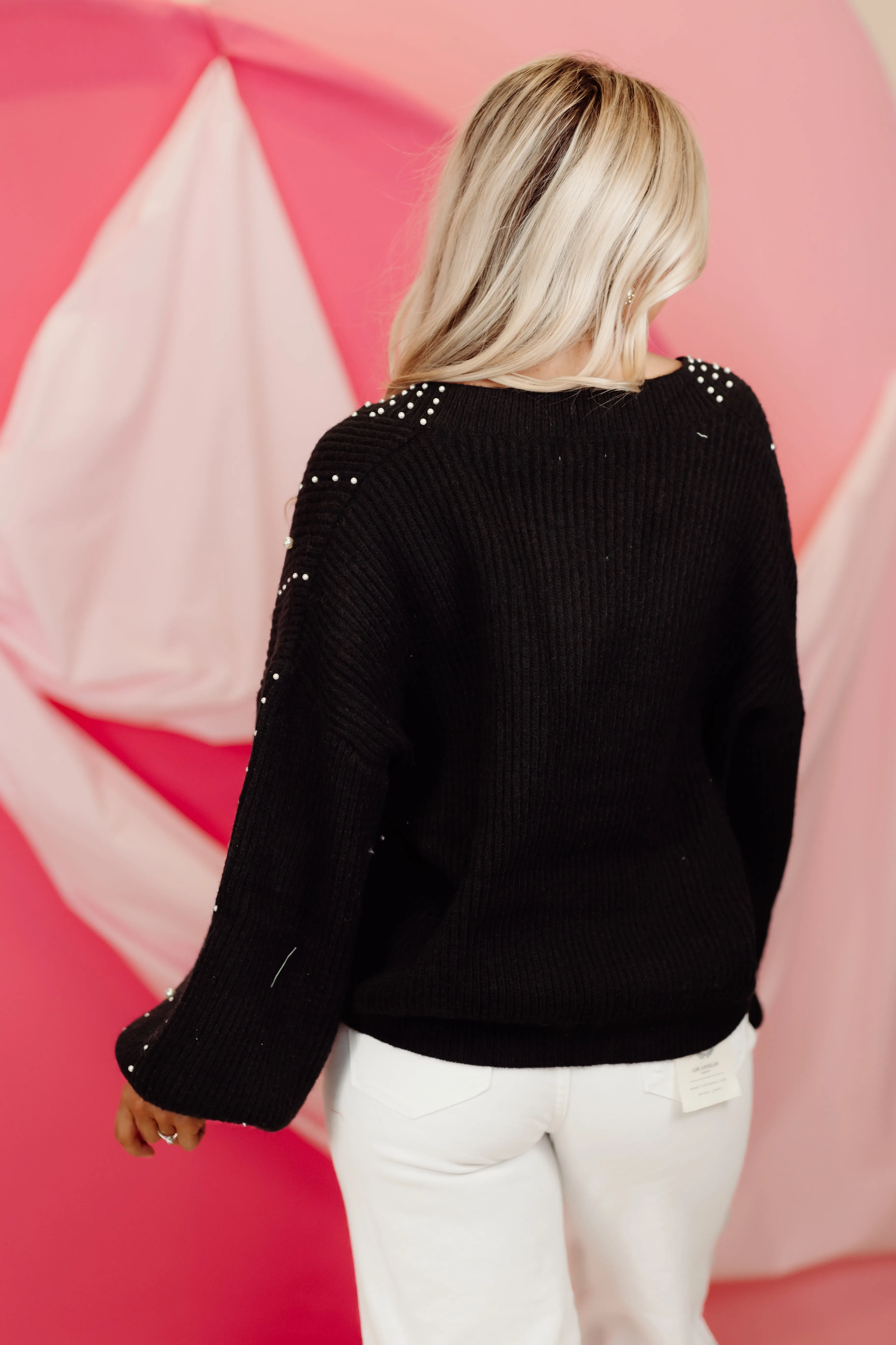 Black V-Neck Long Sleeve Pearl Trim Sweater