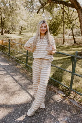 Brown and Cream Knit Sweater Top and Pant Set