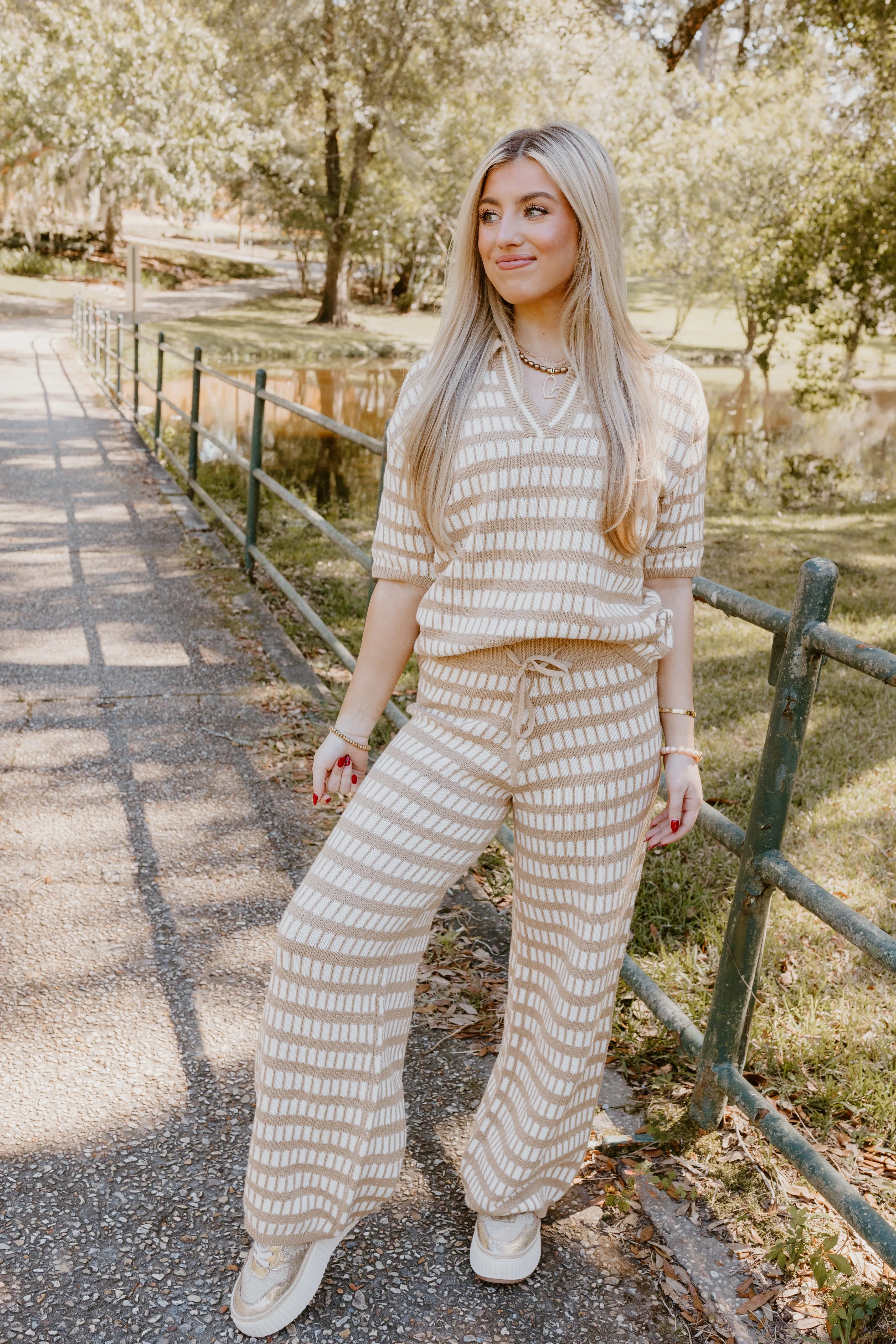 Brown and Cream Knit Sweater Top and Pant Set