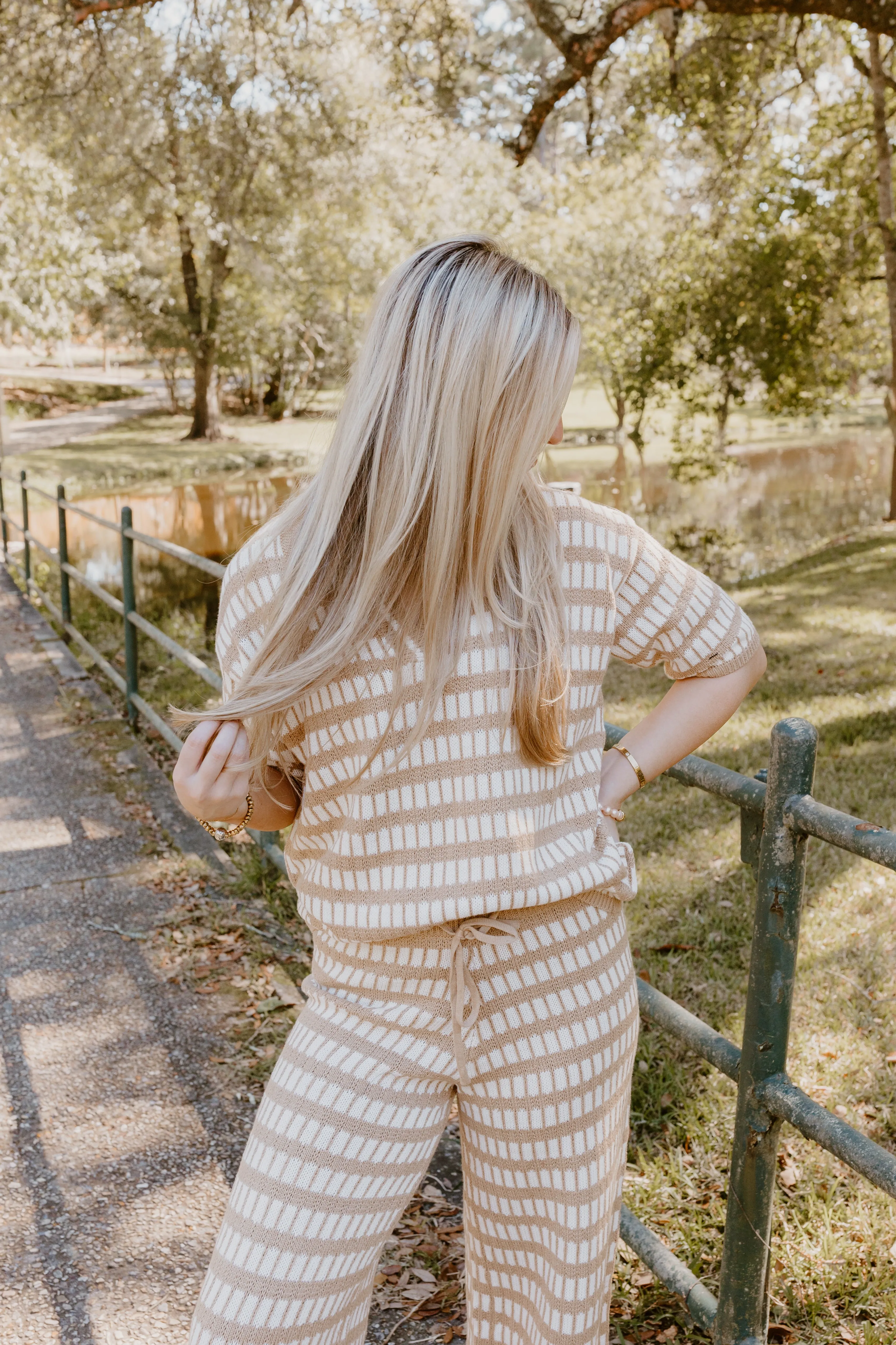 Brown and Cream Knit Sweater Top and Pant Set