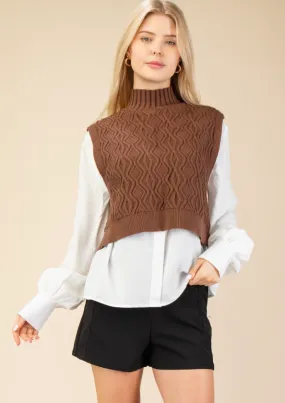 Brown Mock Neck Sweater Layered Button Down Top