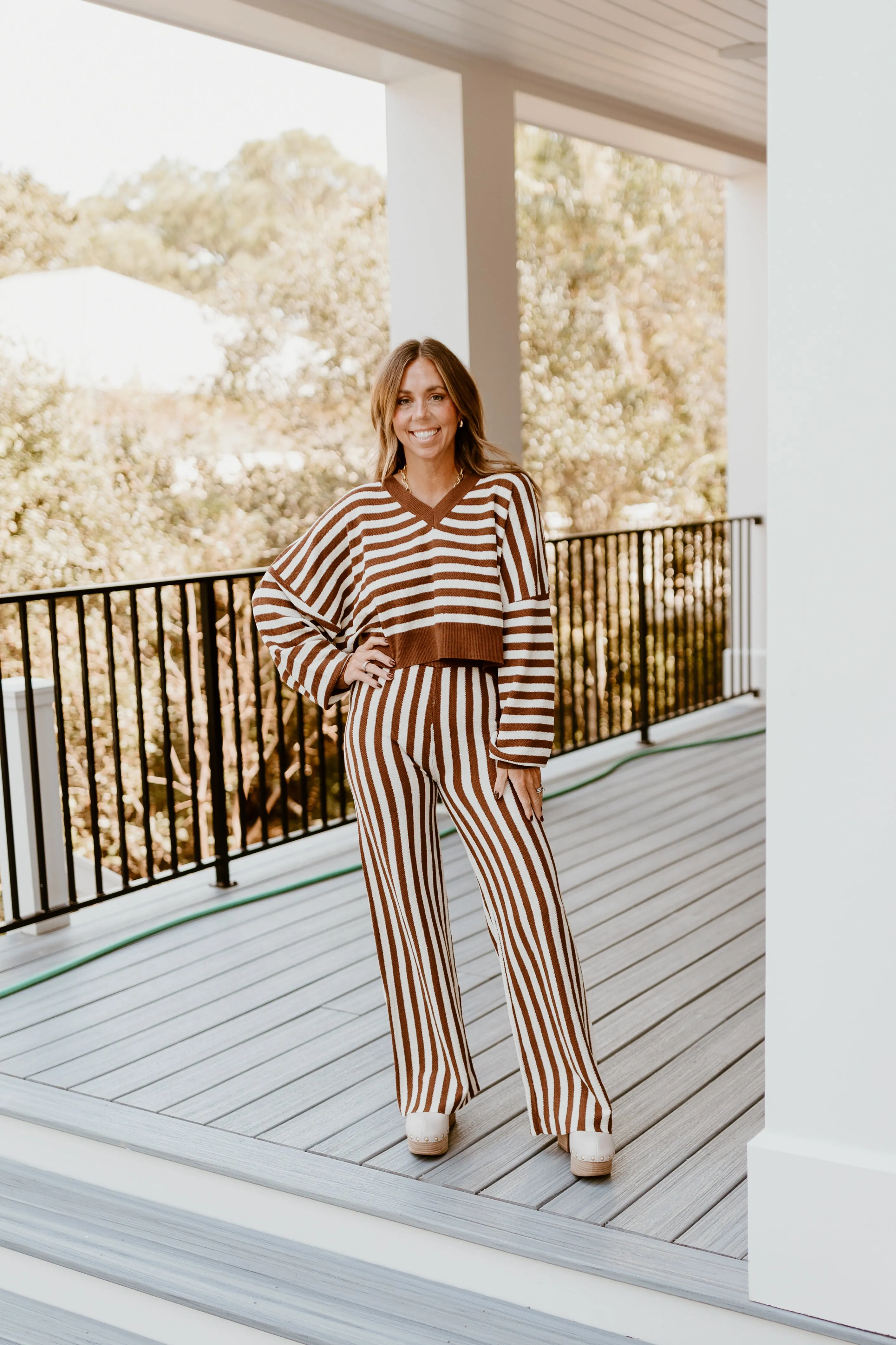 Brown Striped Cropped Sweater and Pant Set