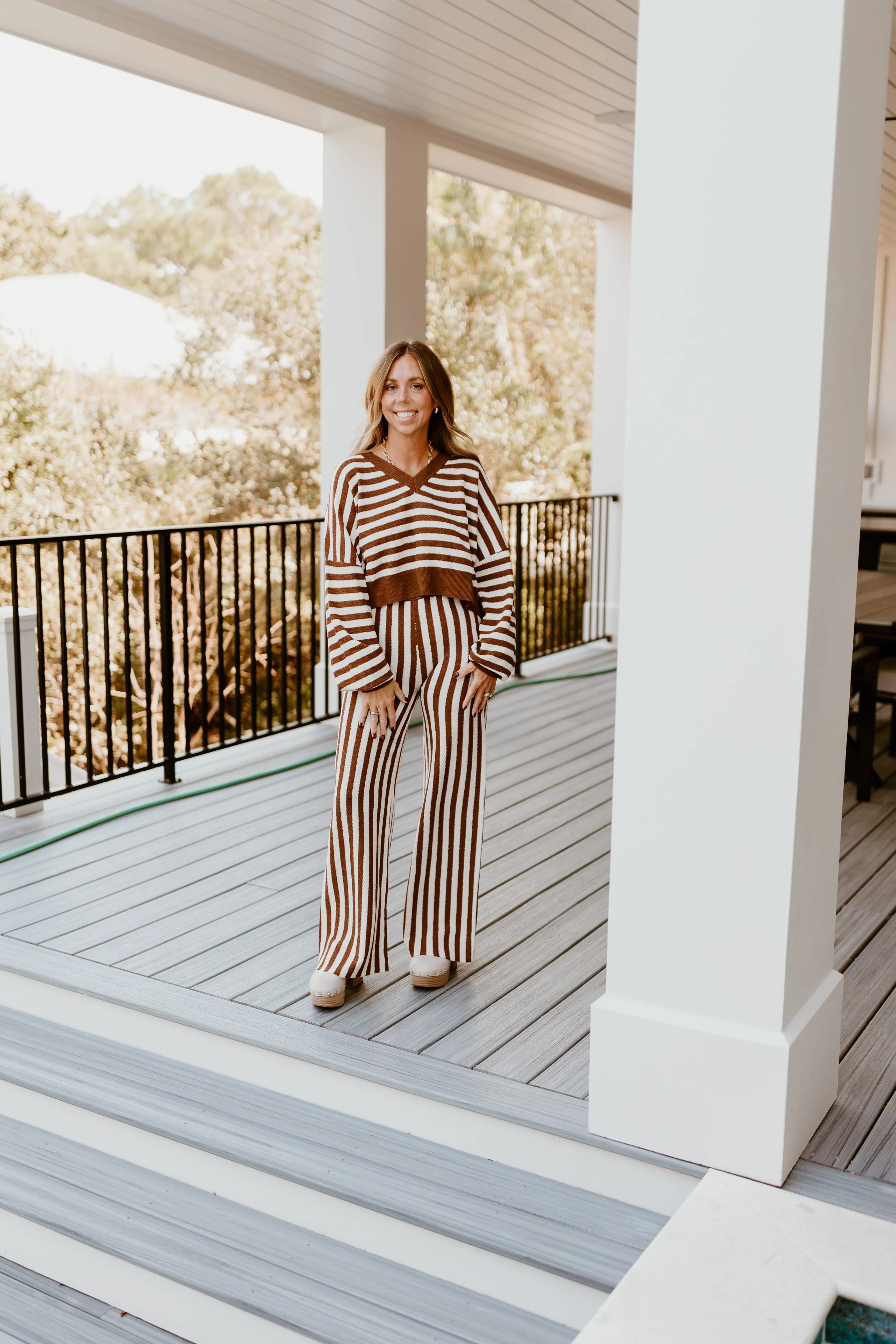 Brown Striped Cropped Sweater and Pant Set