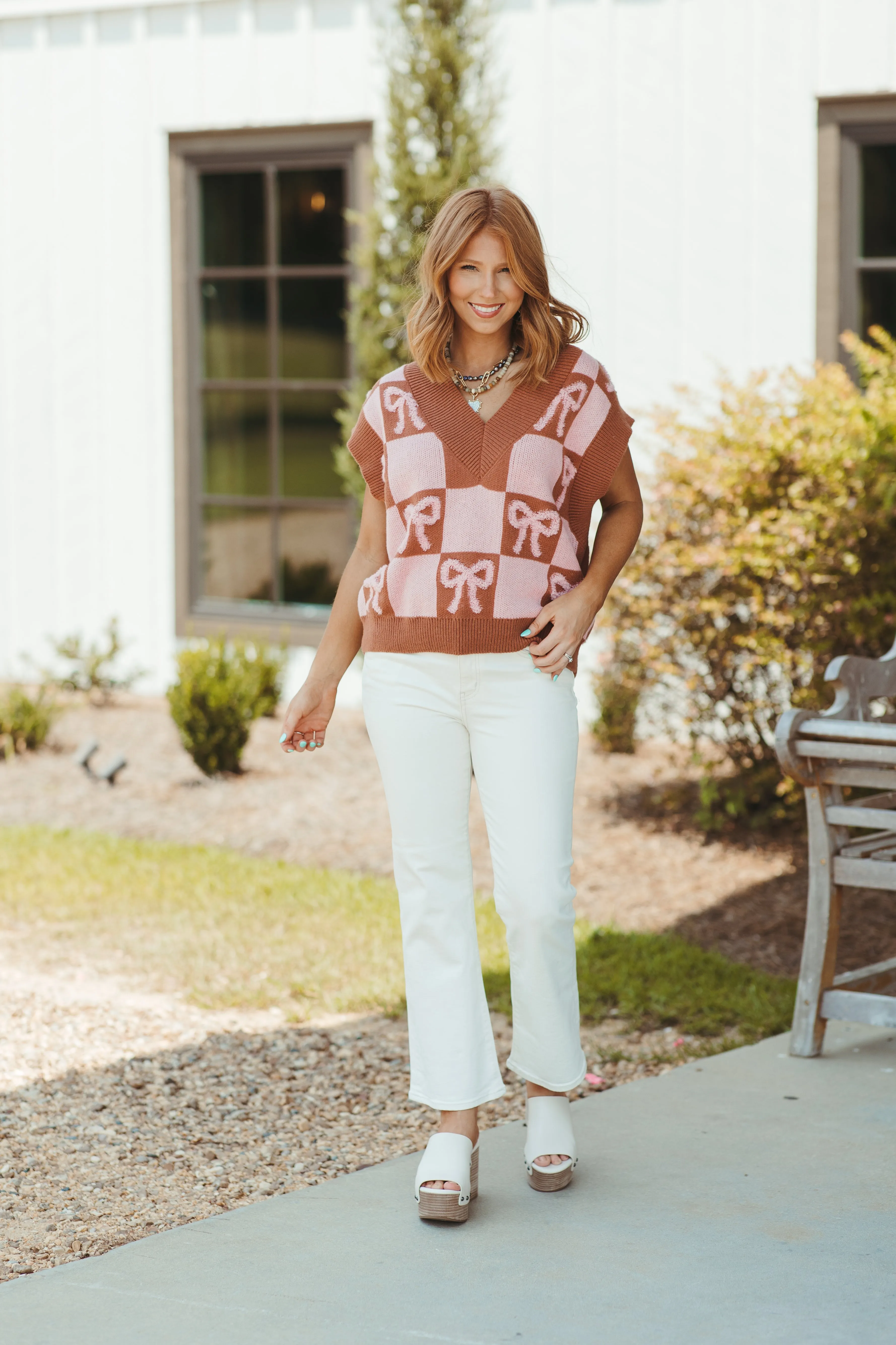 Brown/Light Pink Checkered Bow Detail Sleeveless Sweater