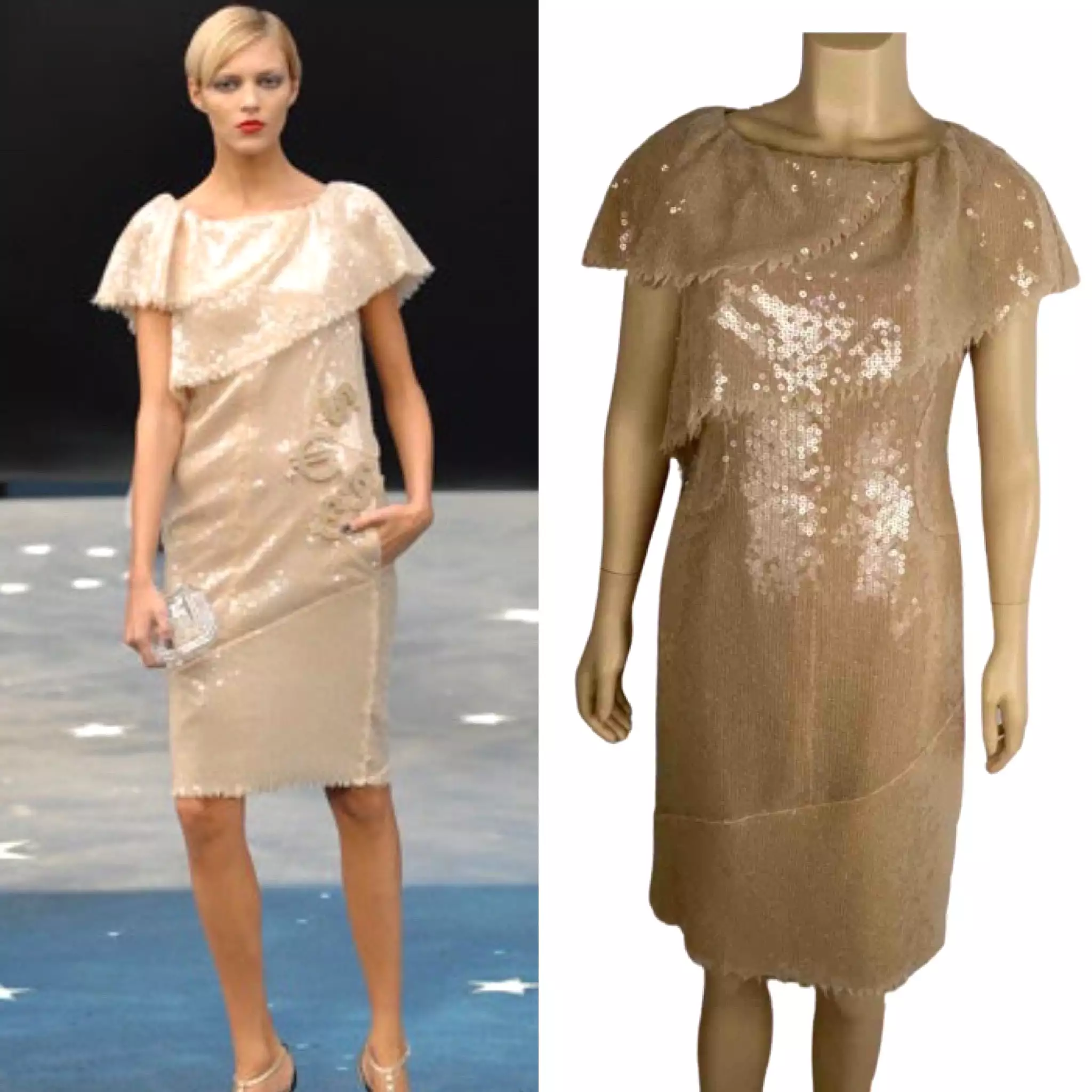 Chanel 08P 2008 Spring Beige Sequin Cocktail Dress FR 36 US 4