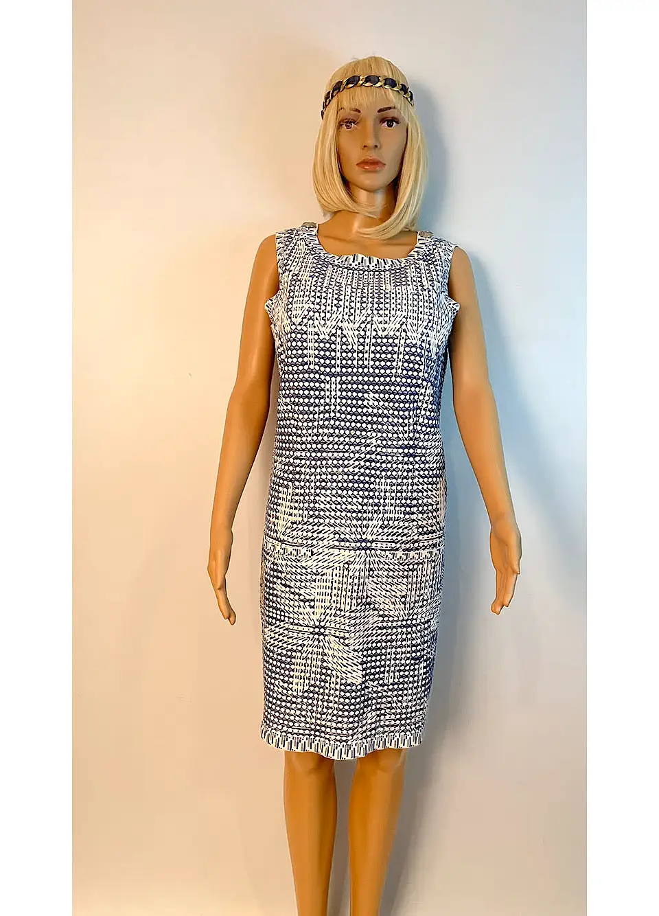 Chanel 14P 2014 Spring Navy Blue White Geometric Sheath Dress FR 40 US 6/8