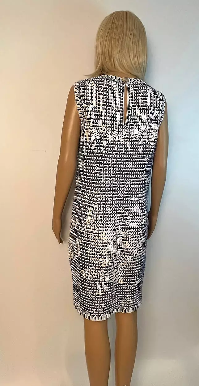 Chanel 14P 2014 Spring Navy Blue White Geometric Sheath Dress FR 40 US 6/8