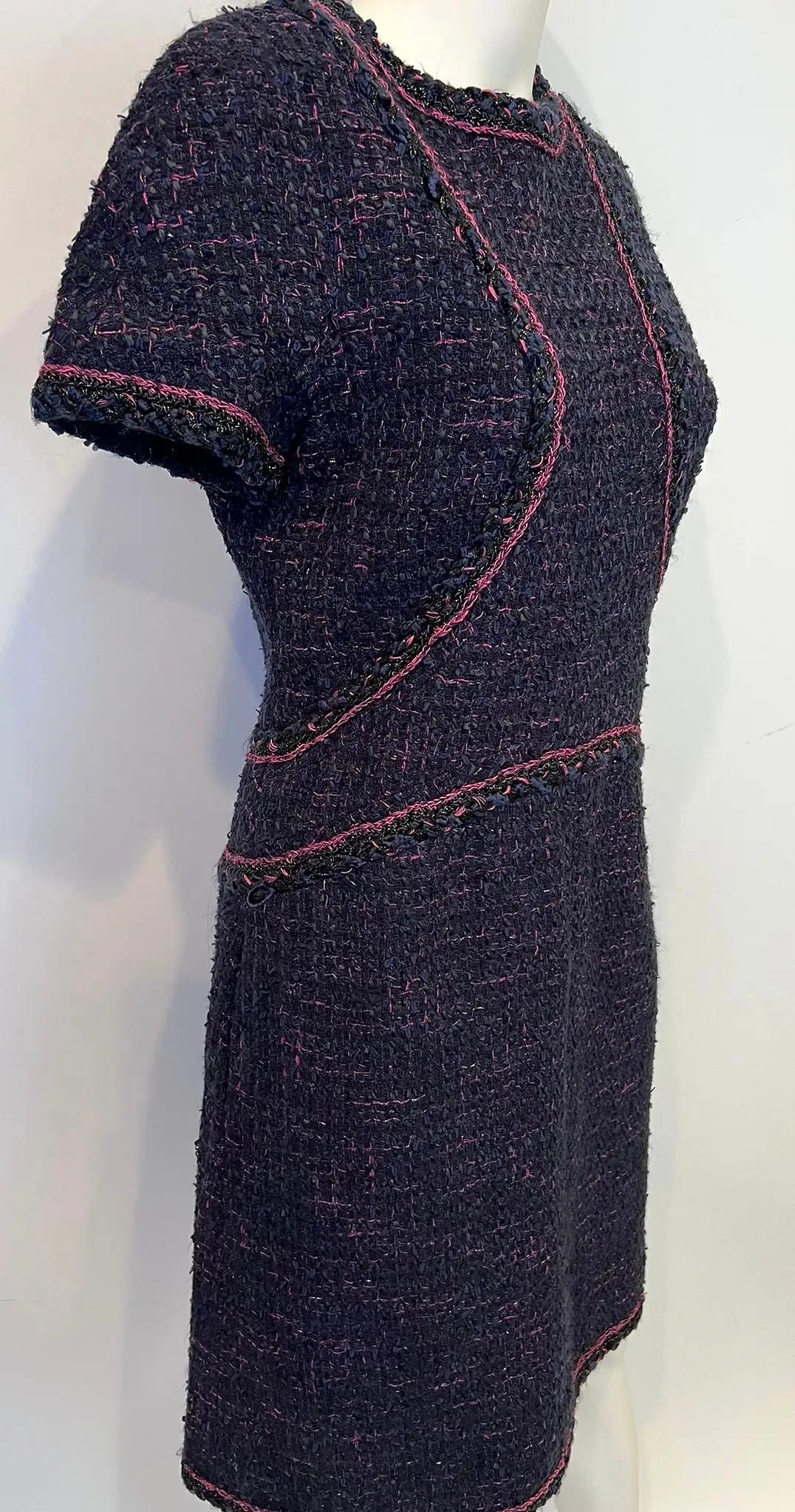 Chanel Navy Blue Black Pink Tweed Dress FR 40 US 6/8