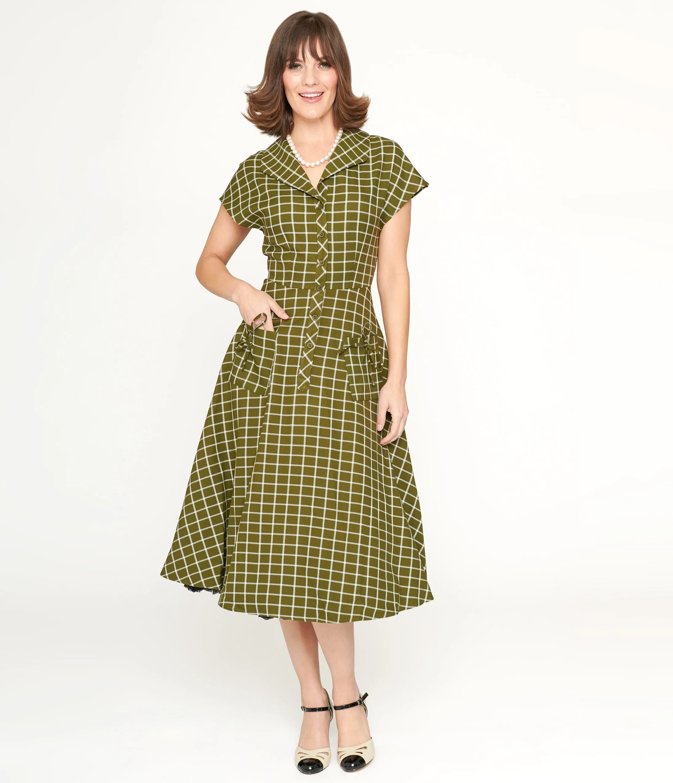 Collectif Green & White Checked Liza Acres Swing Dress