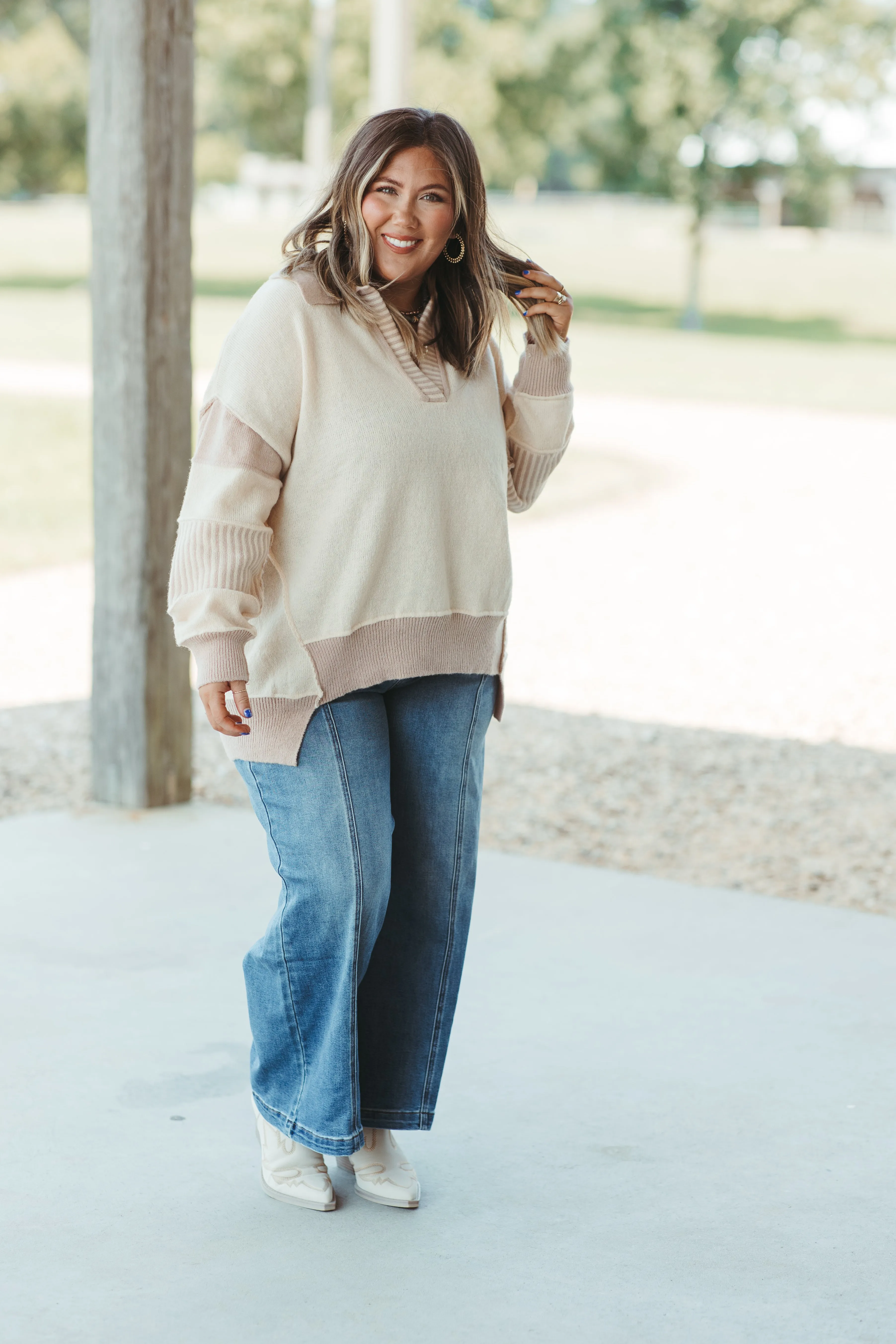 Cream and Taupe Colorblock Notch Neck Oversized Sweater