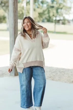 Cream and Taupe Colorblock Notch Neck Oversized Sweater