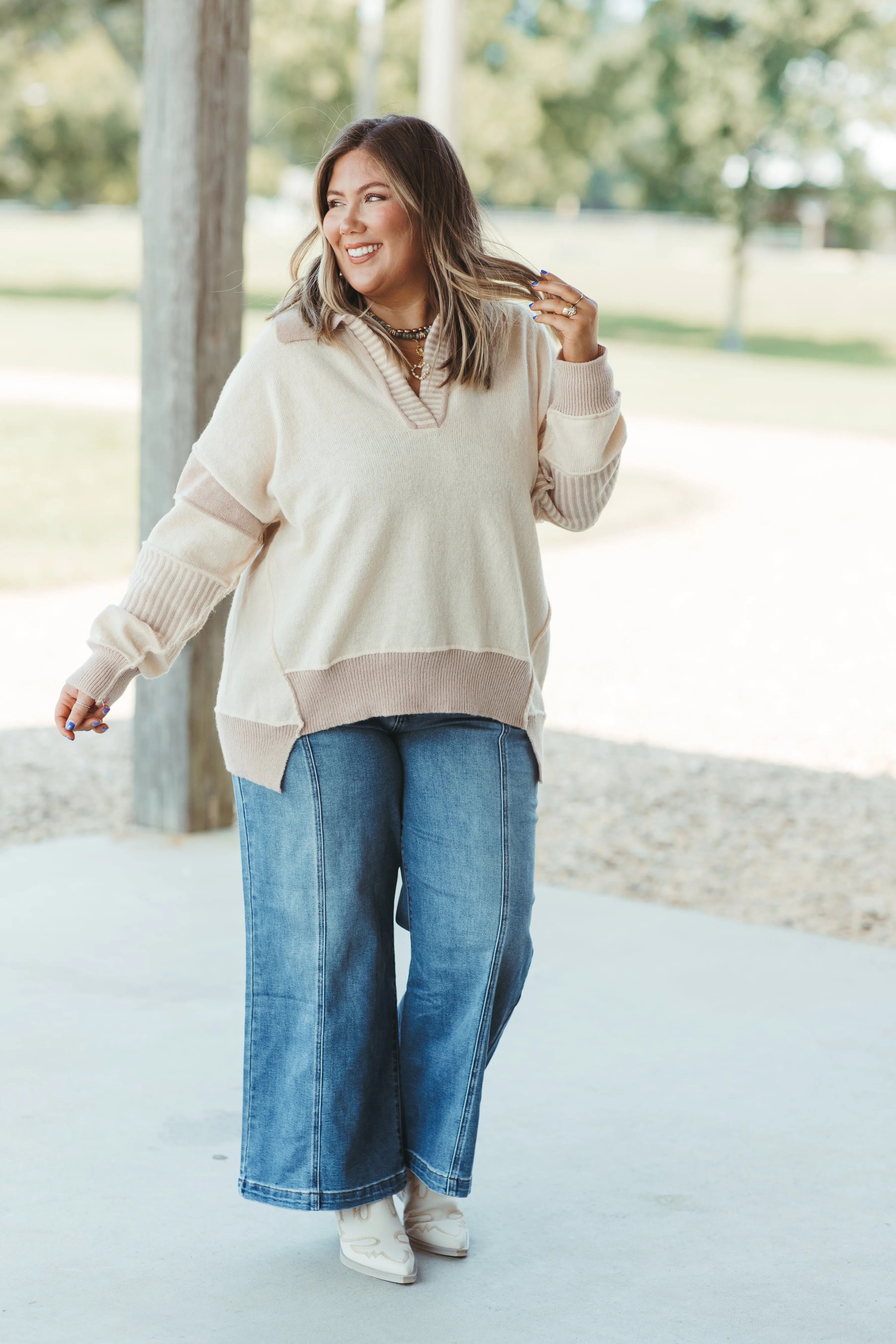 Cream and Taupe Colorblock Notch Neck Oversized Sweater