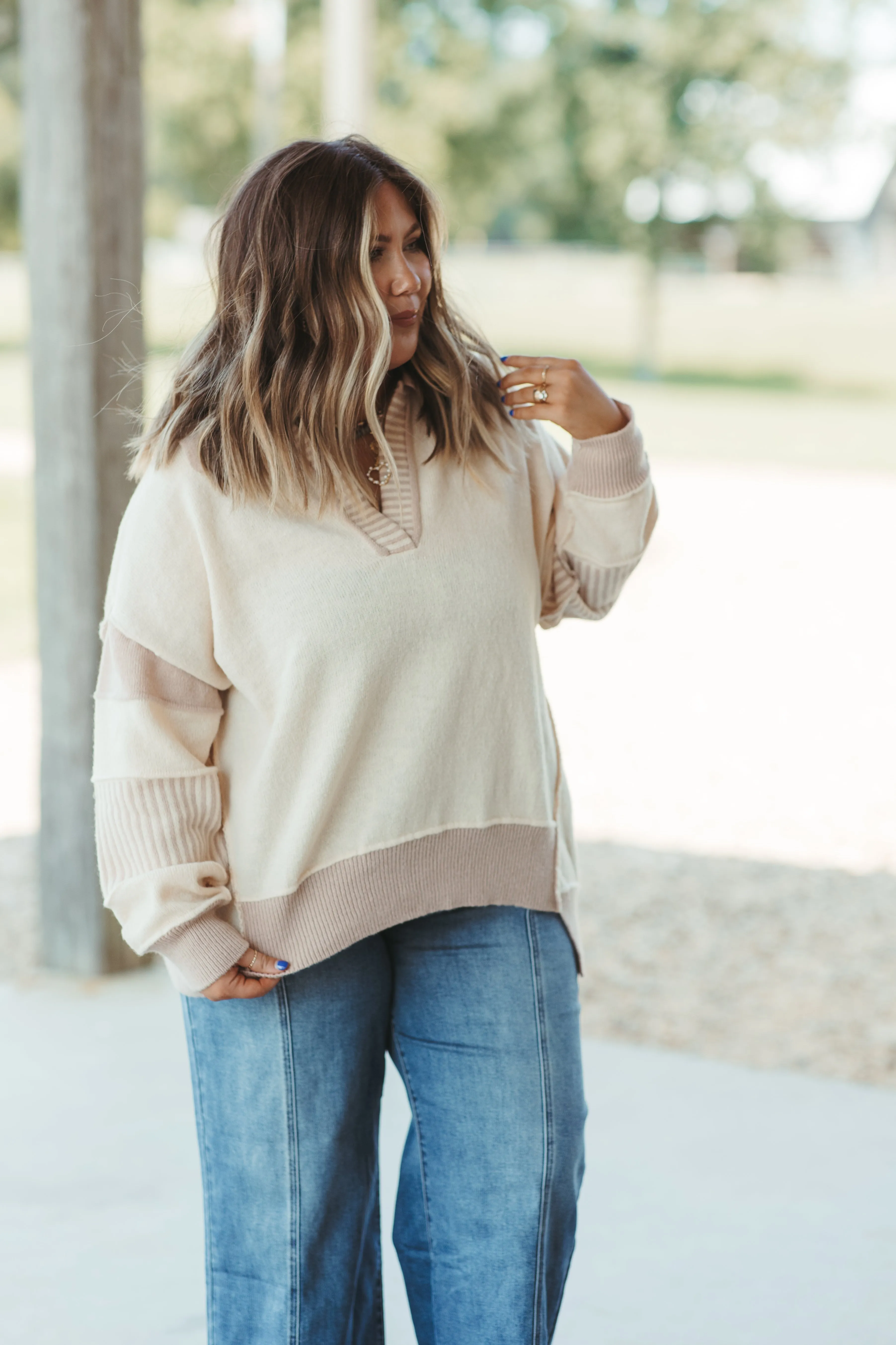 Cream and Taupe Colorblock Notch Neck Oversized Sweater