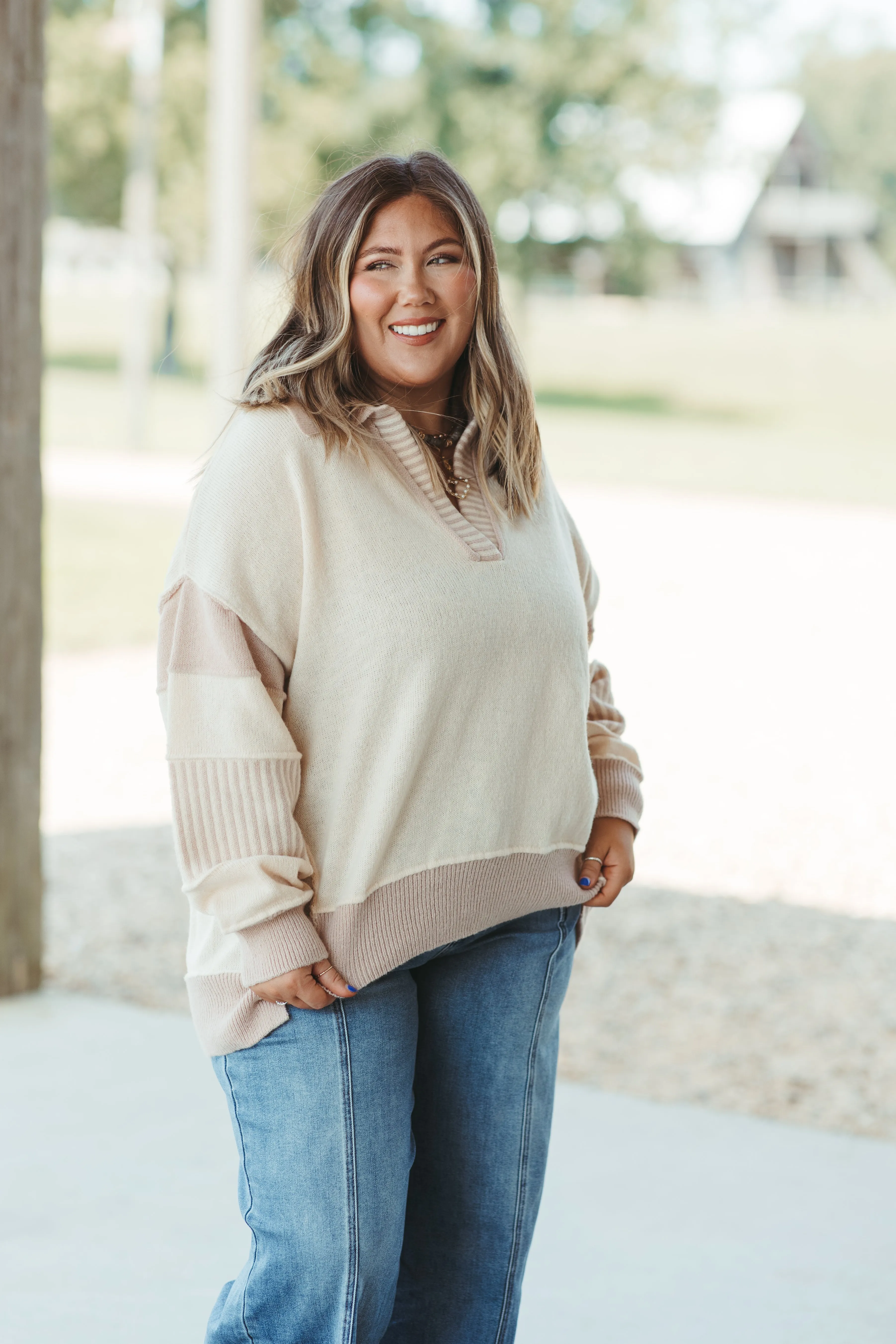 Cream and Taupe Colorblock Notch Neck Oversized Sweater