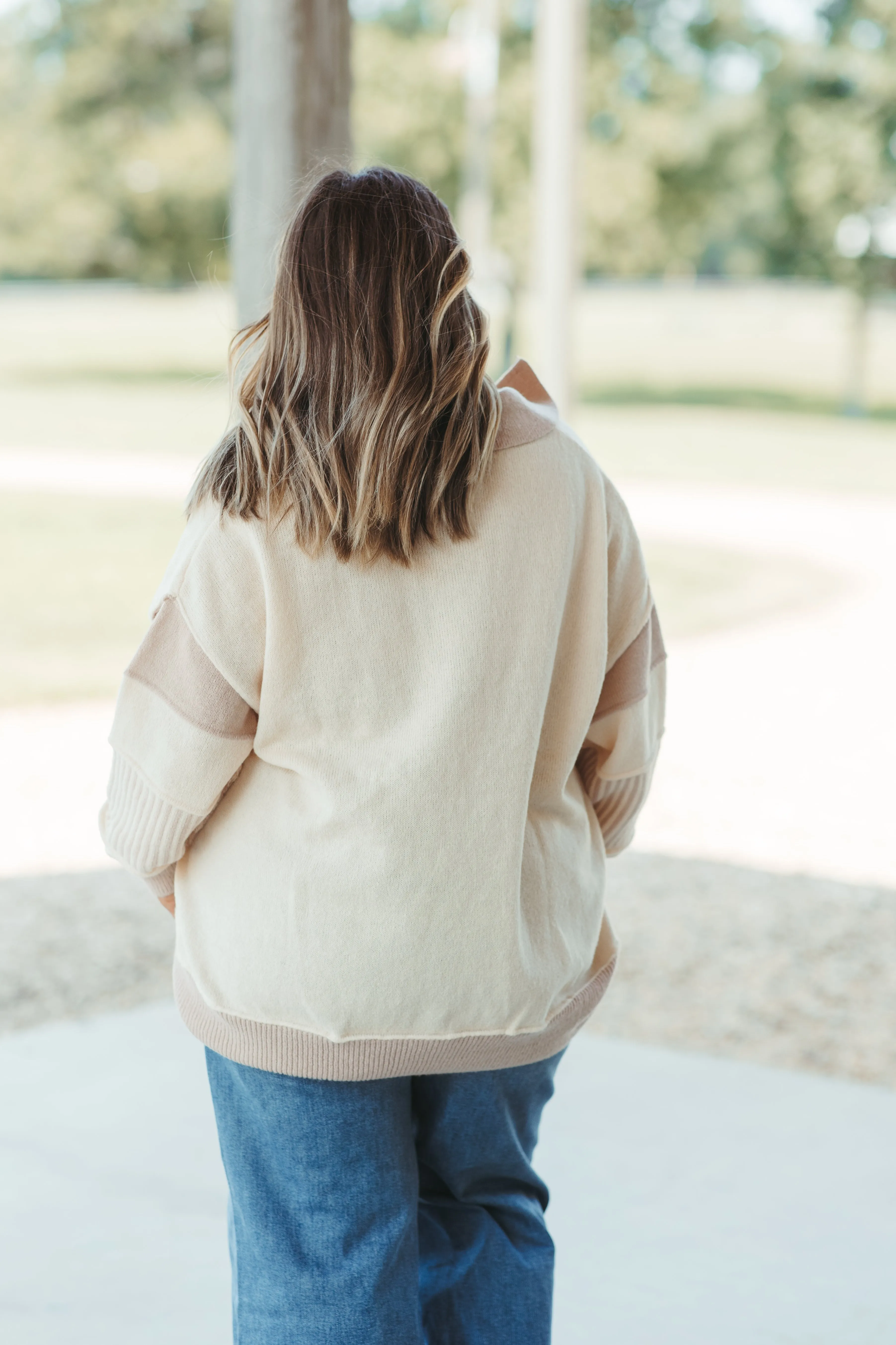 Cream and Taupe Colorblock Notch Neck Oversized Sweater