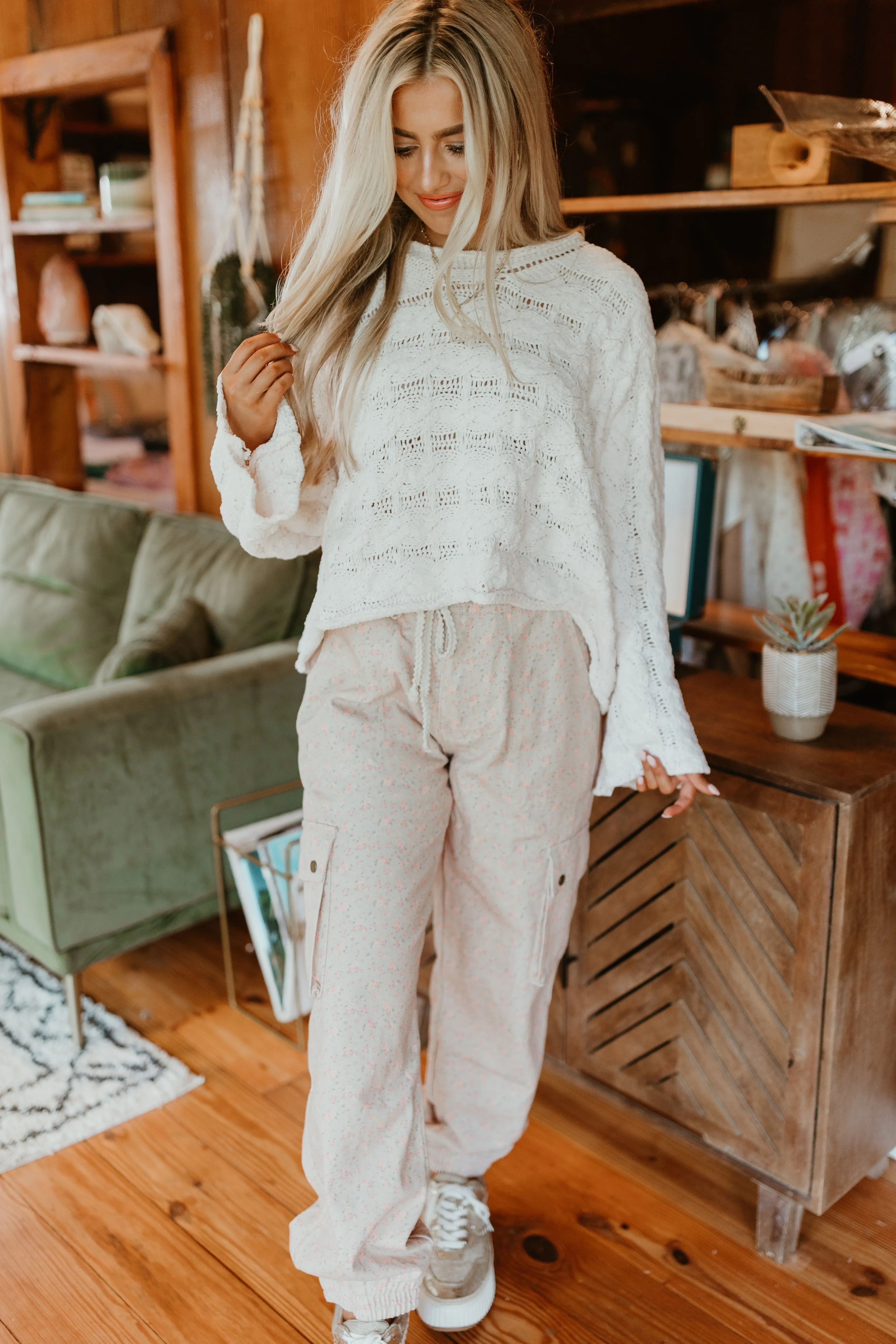 Cream Round Neck Cropped Bell Sleeve Sweater