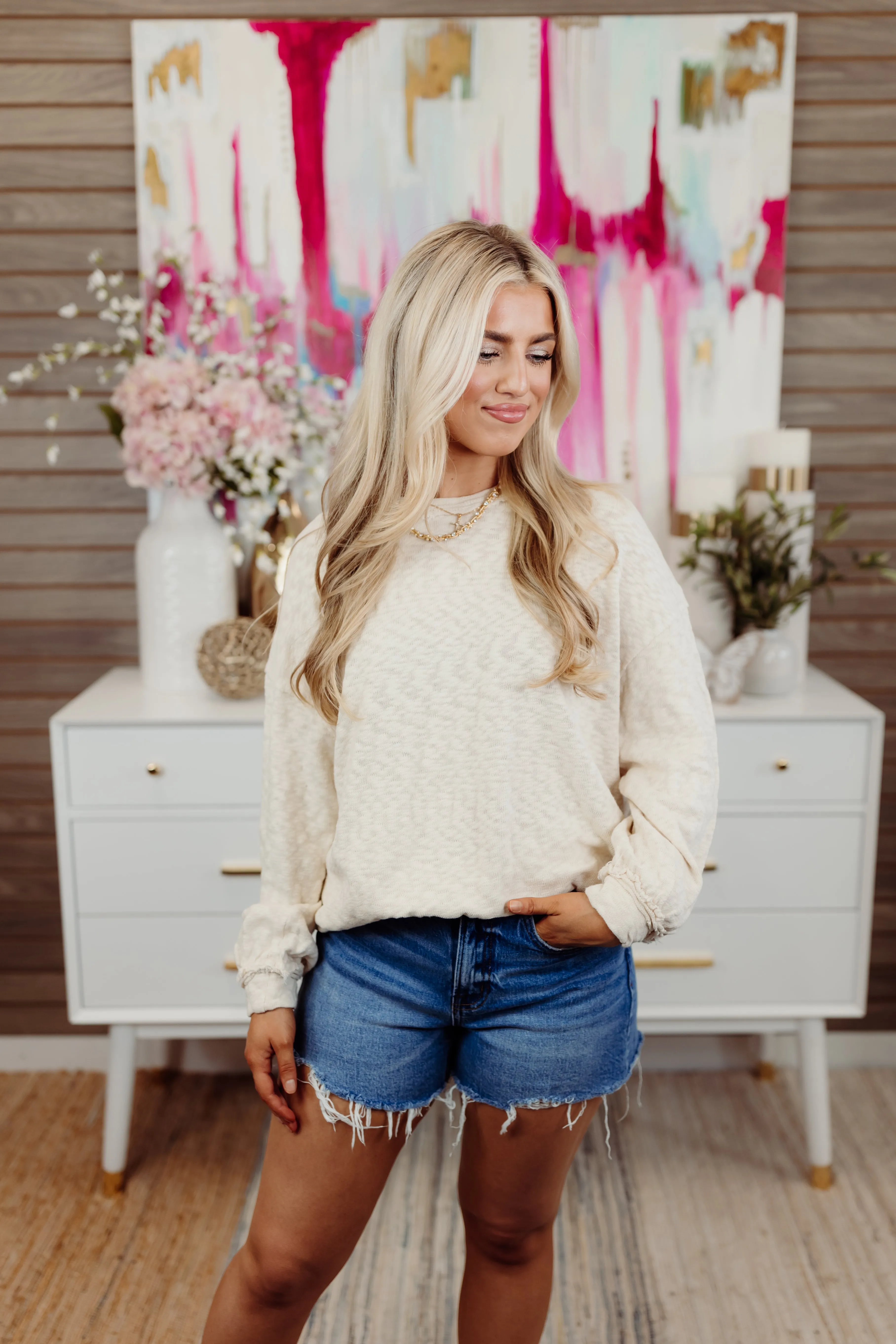 Cream Round Neck Long Sleeve Slouchy Sweater