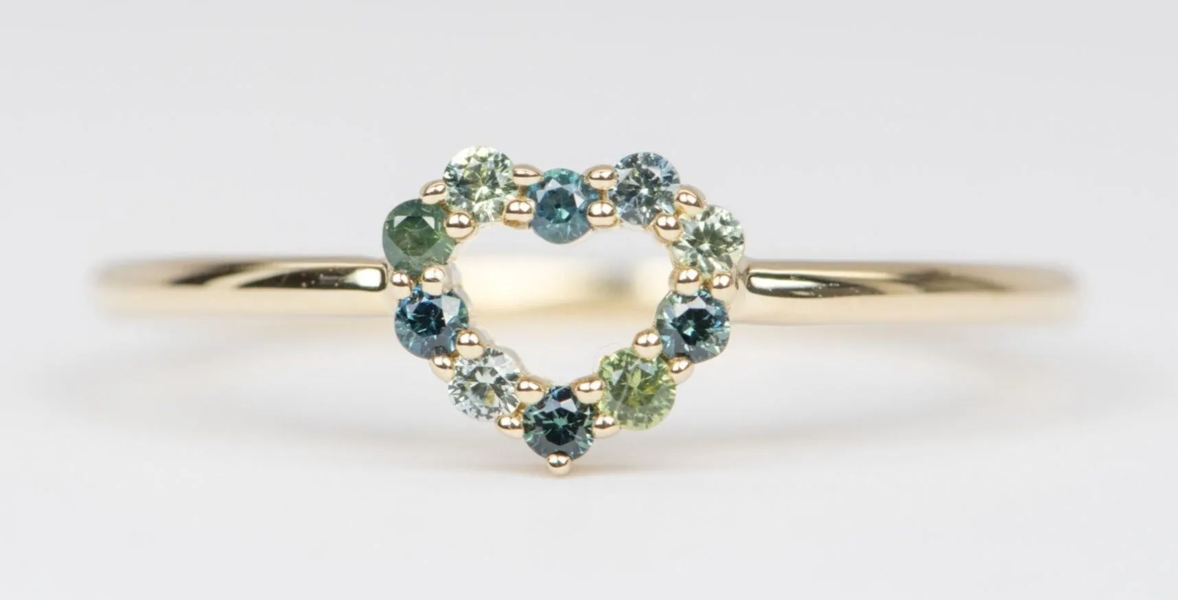 Dainty Heart-Shape Blue Green Sapphire Ring 14K Yellow Gold M6003