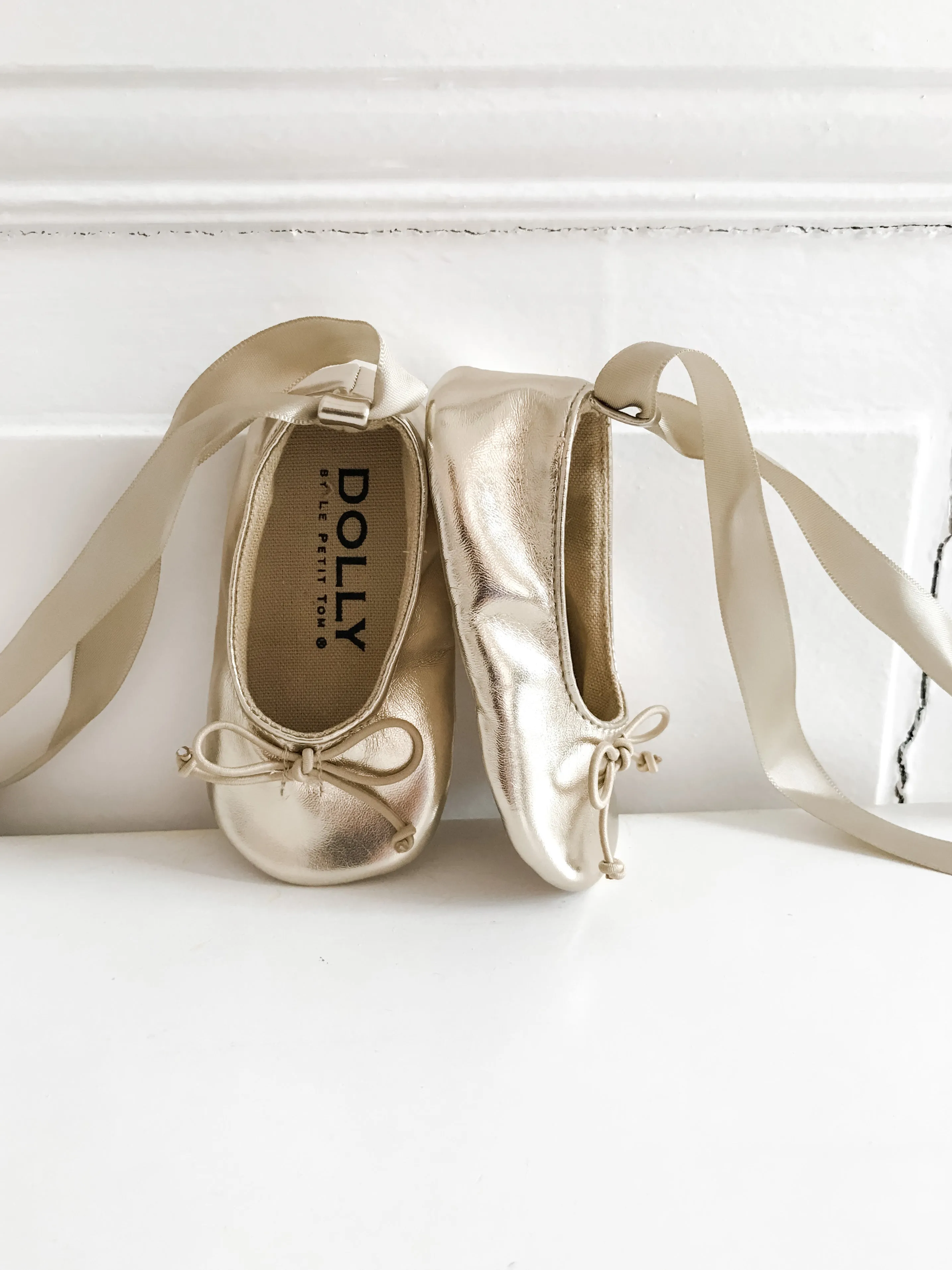 DOLLY by Le Petit Tom  BABY BALLERINAS WITH RIBBONS gold