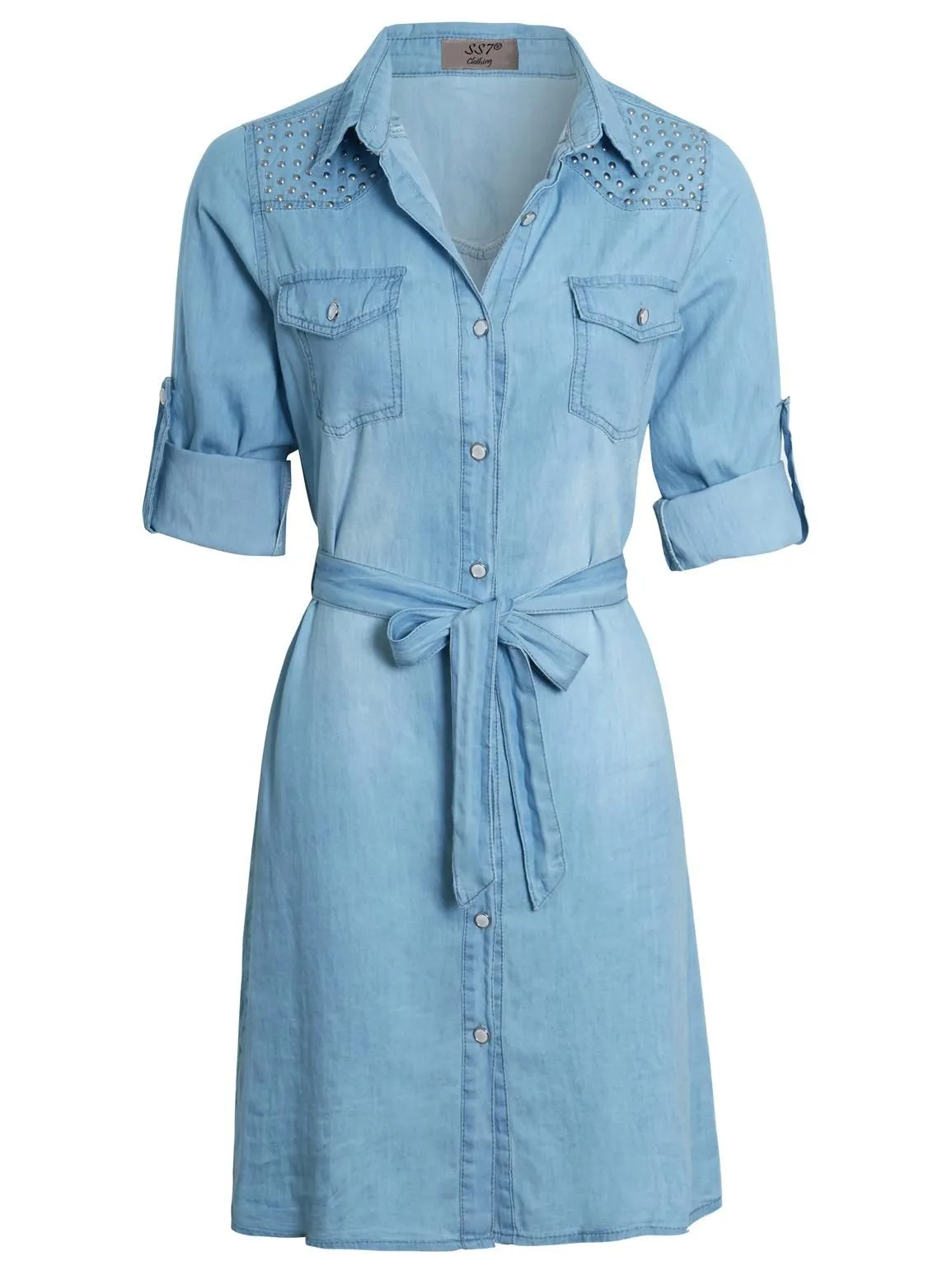 Embellished Cotton Denim Shirt Dress, Light Blue, UK Sizes 8 to 14