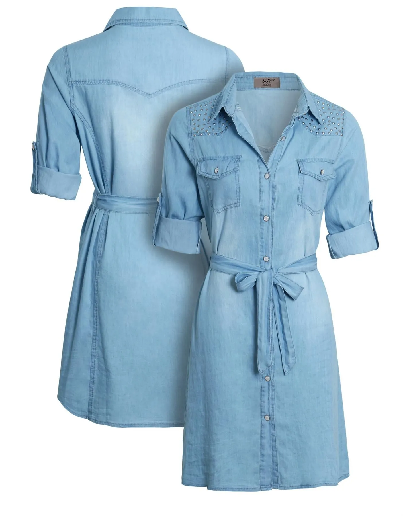 Embellished Cotton Denim Shirt Dress, Light Blue, UK Sizes 8 to 14