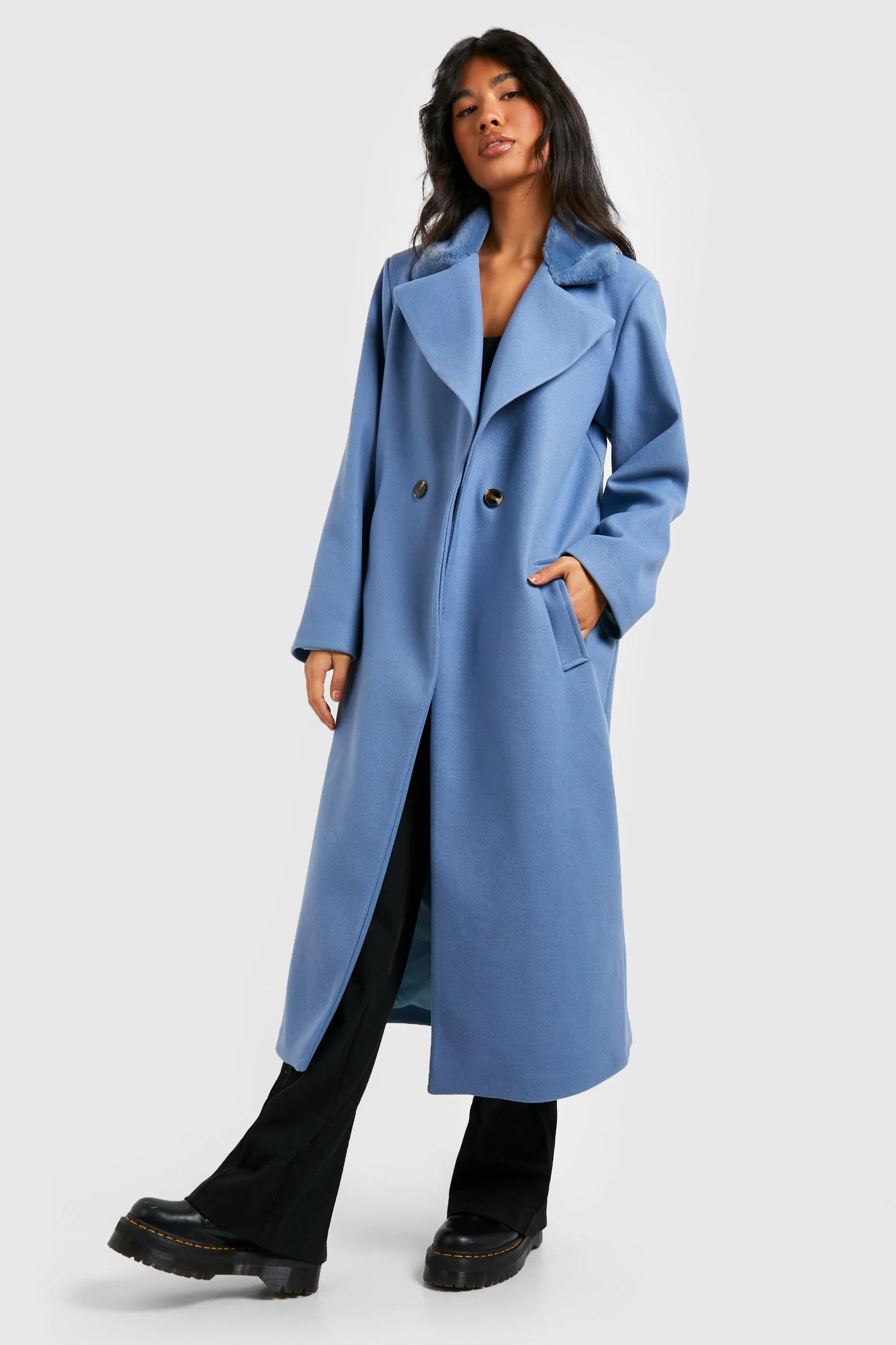 Faux Collar Wool Look Coat