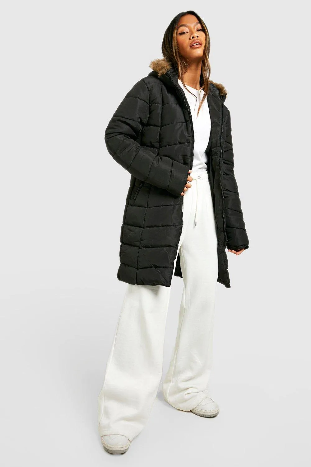 Faux Fur Hooded Paneled Parka Coat