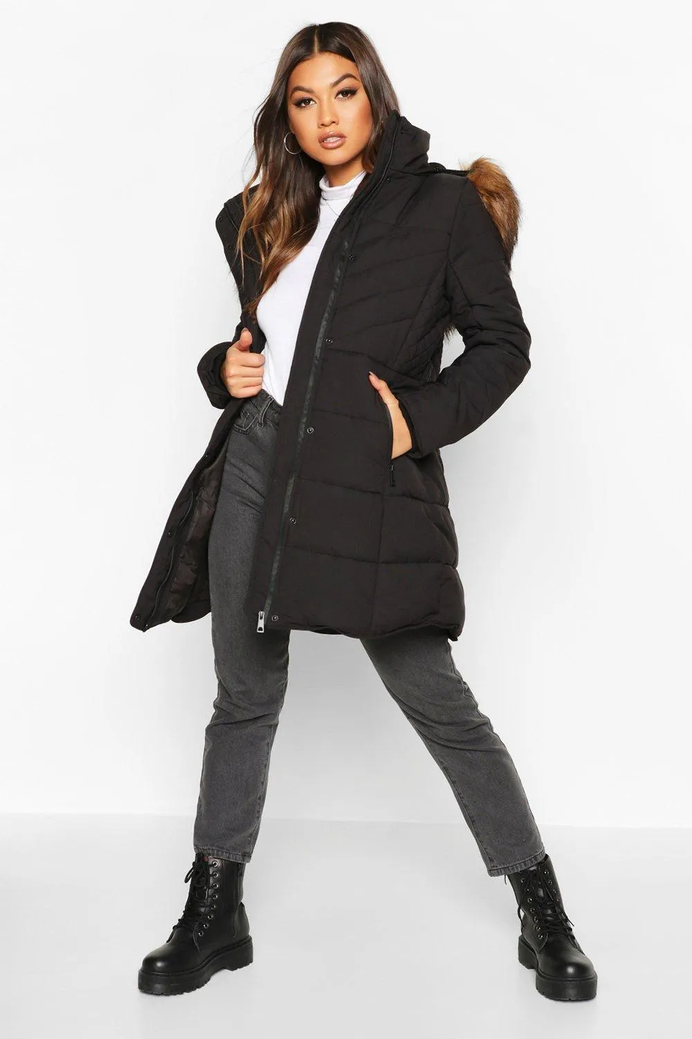 Faux Fur Trim Quilted Detail Parka Coat