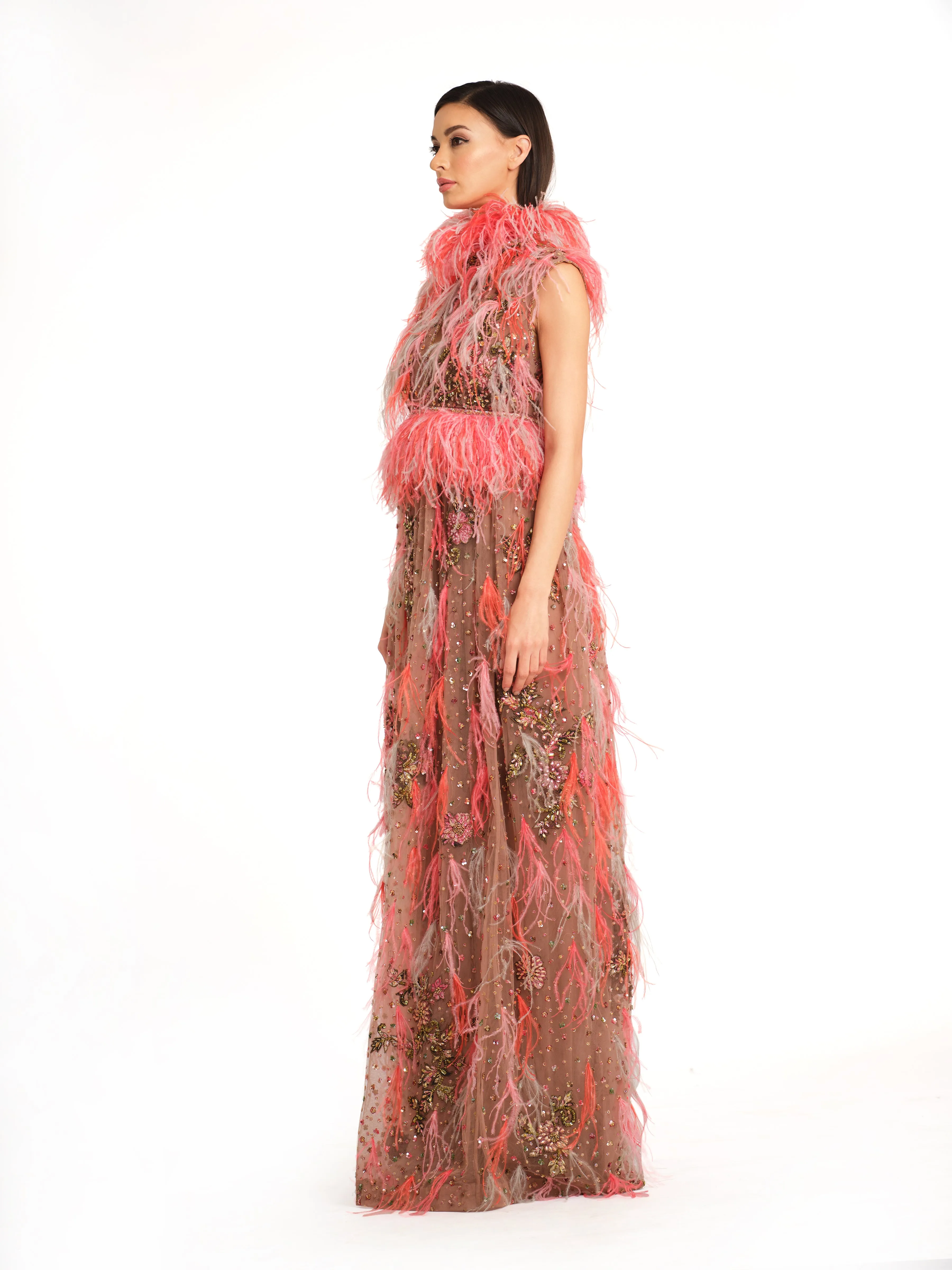 Feather Cocktail Gown with Embellishments