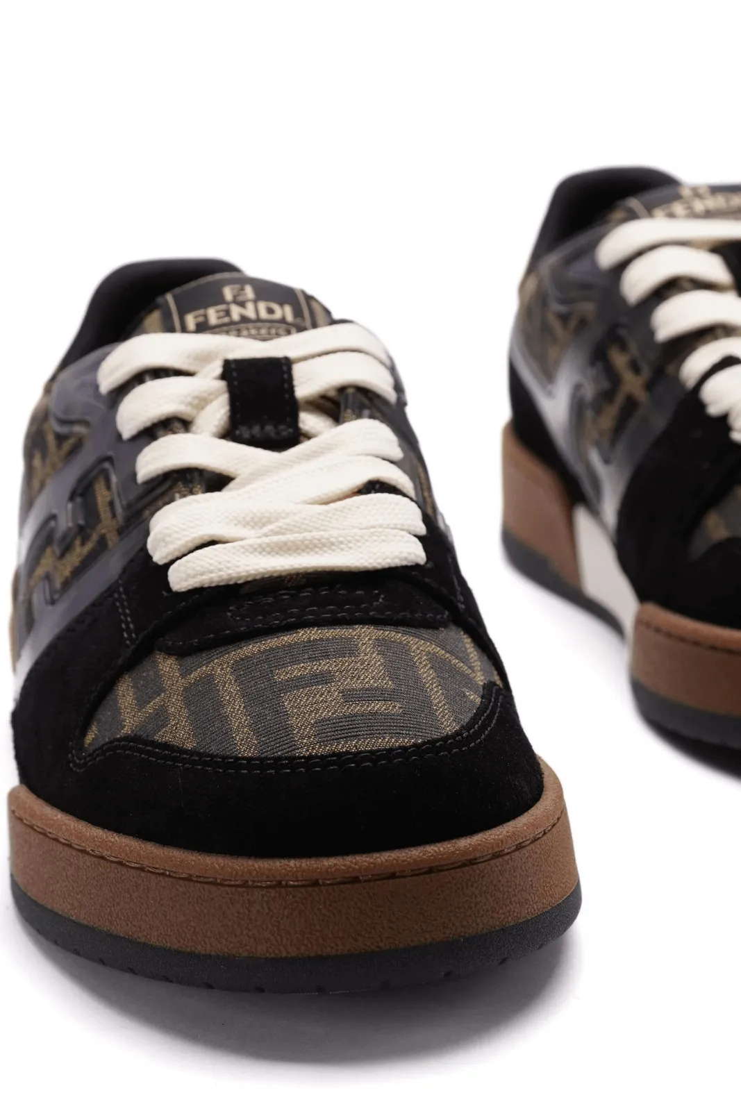 Fendi Match Leather Low-Top Logo Print Sneakers Brown