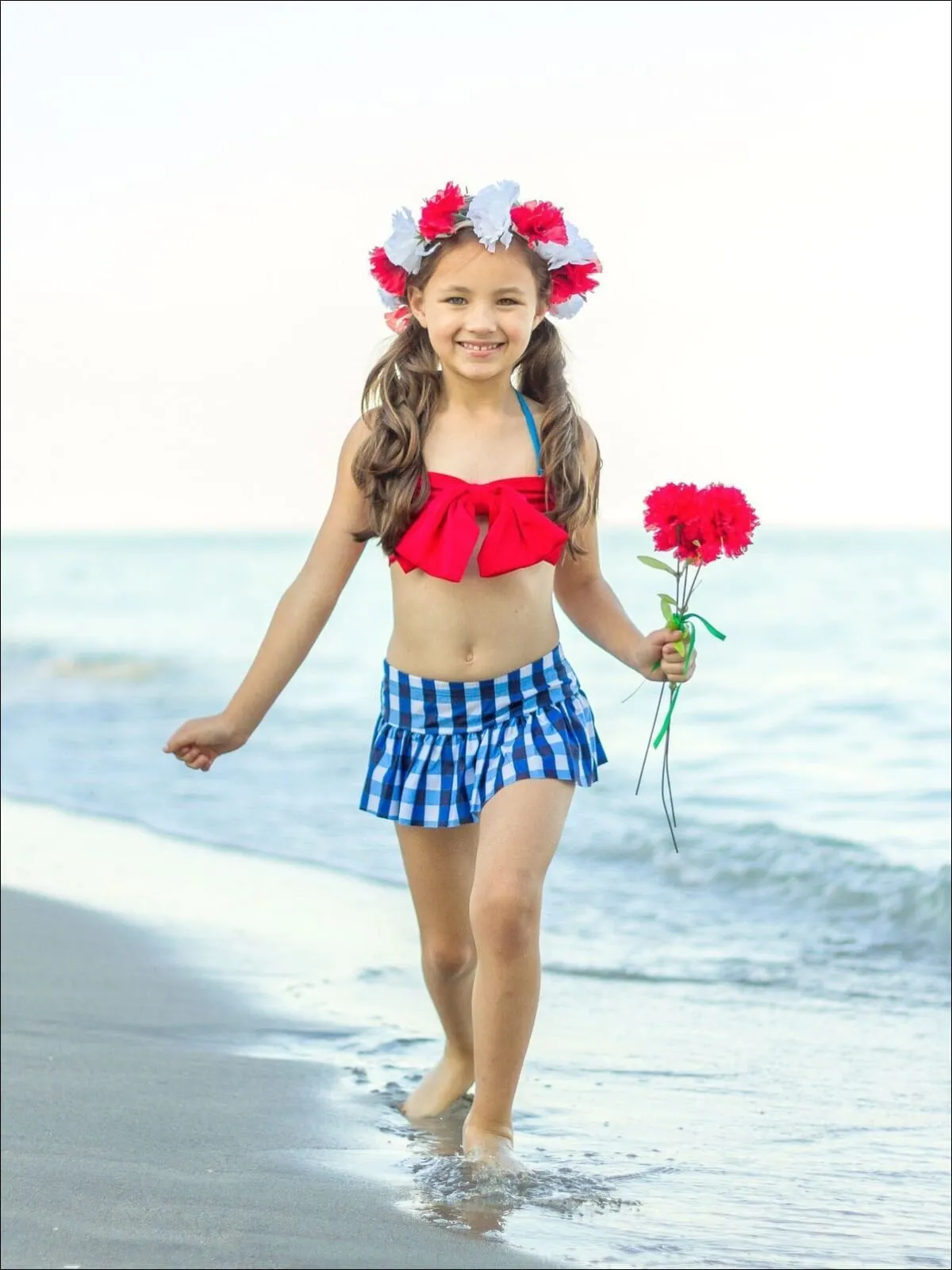 Girls Gingham Skirted Two Piece Swimsuit with Large Bow