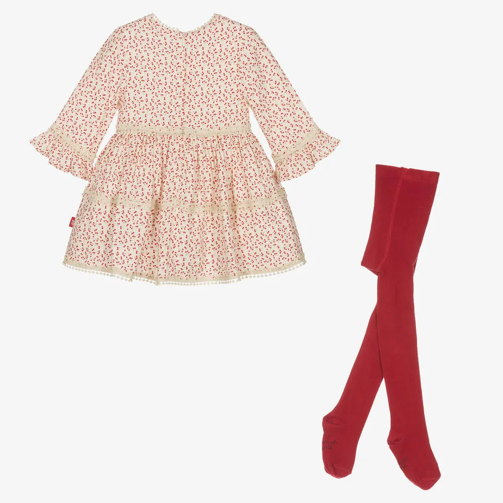 Girls Ivory Cherry Dress & Tights Set