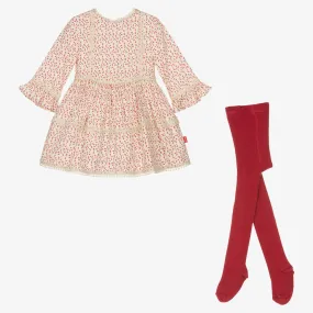 Girls Ivory Cherry Dress & Tights Set