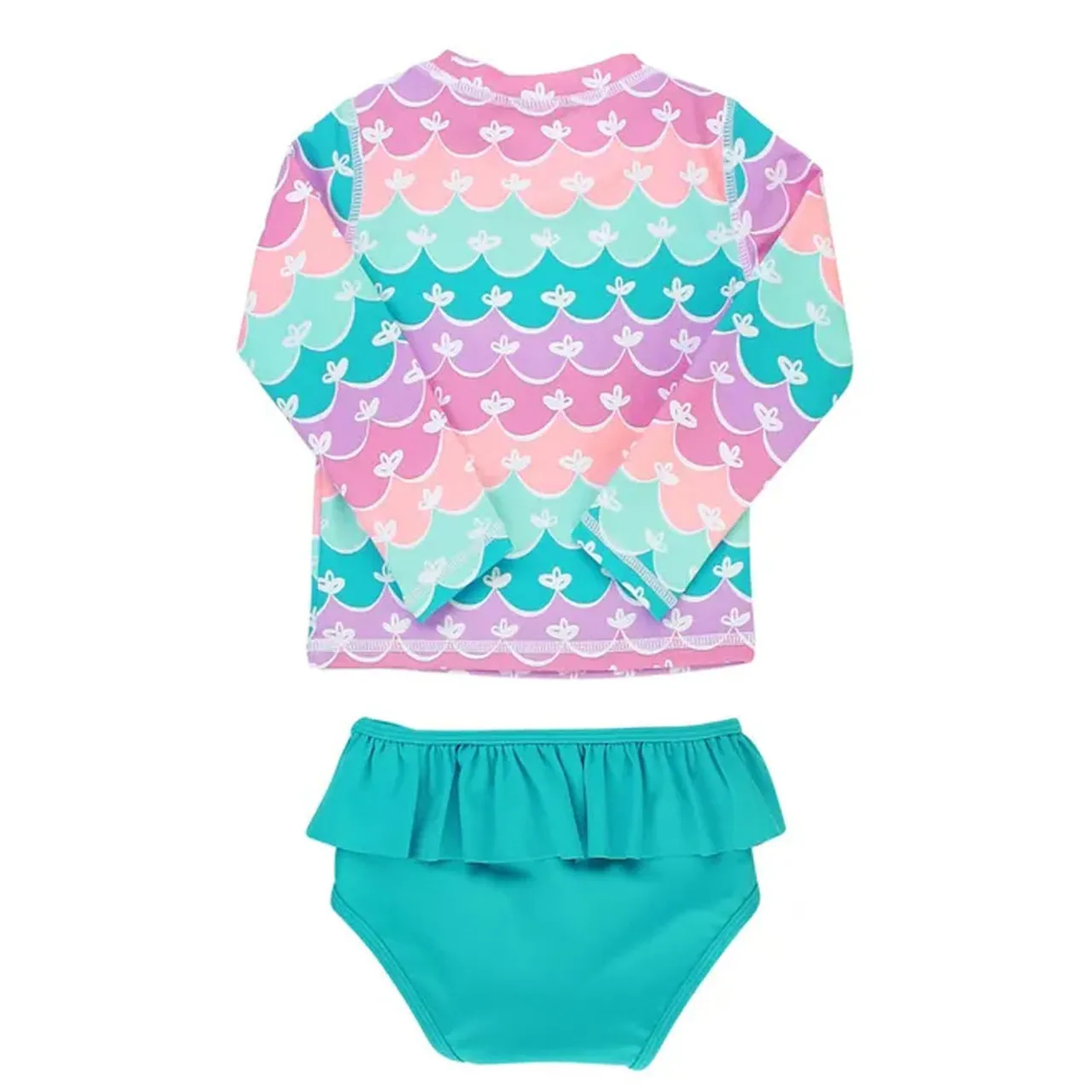 Girls RuffleButts Infant Toddler Skirted Long Sleeve Rash Guard Bikini -Mermaid